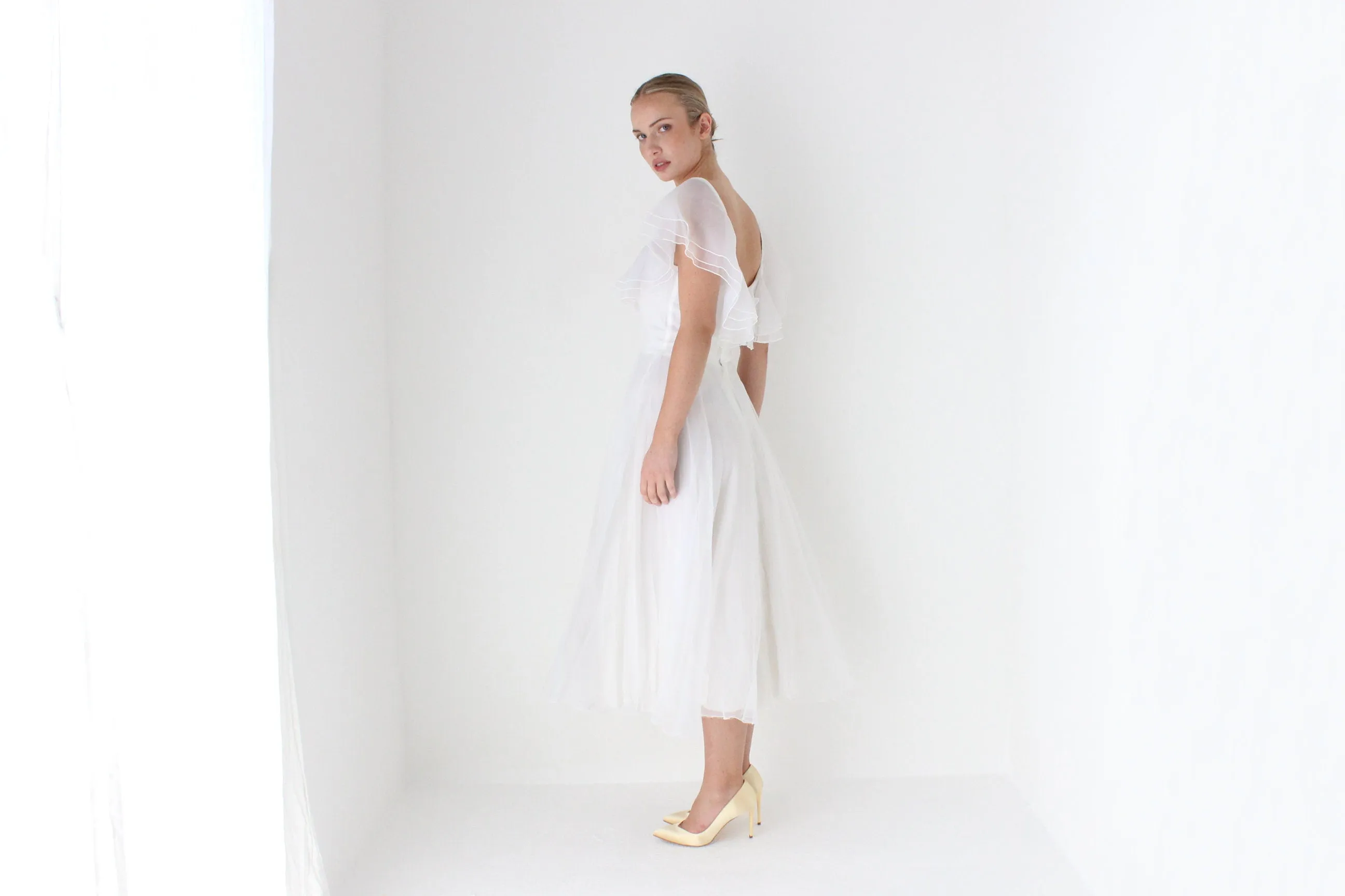 1970s Layered Ivory Organza Ruffle Cocktail Dress