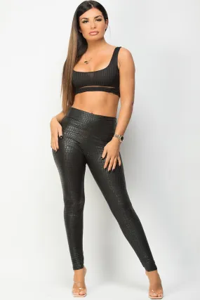 Black Croc Faux Leather High Waisted Leggings