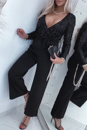Black Sequin Fringes V Neck Long Sleeve Jumpsuit