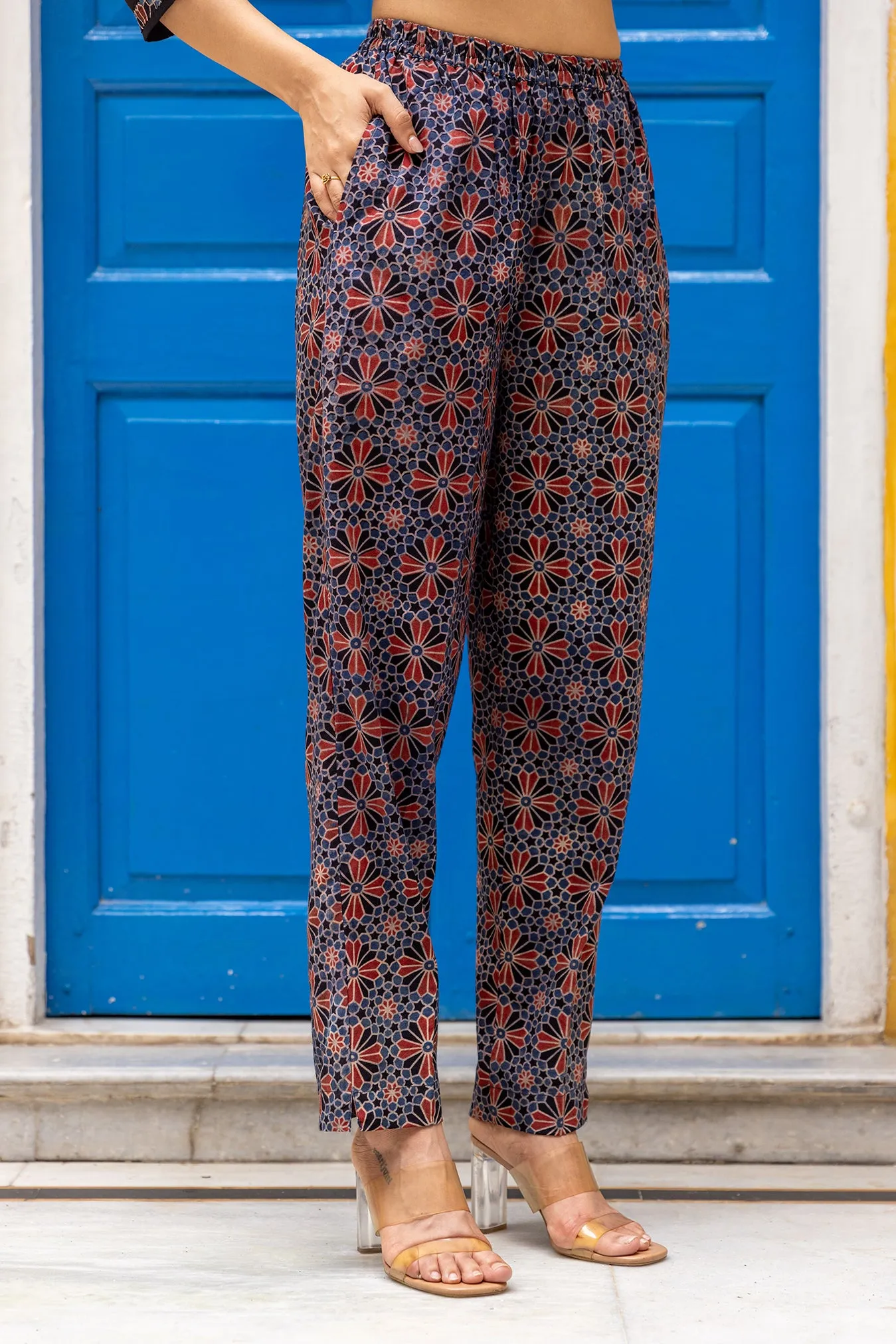 Blue Ajrakh Printed Pants with Elastic Waist