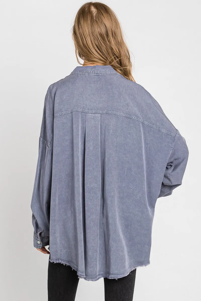 Blue Mineral Wash Vintage Button Down Shirt Top