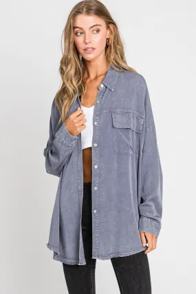 Blue Mineral Wash Vintage Button Down Shirt Top