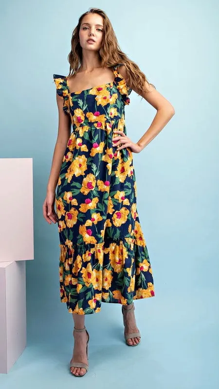 Bold Floral Square Neck Midi Dress