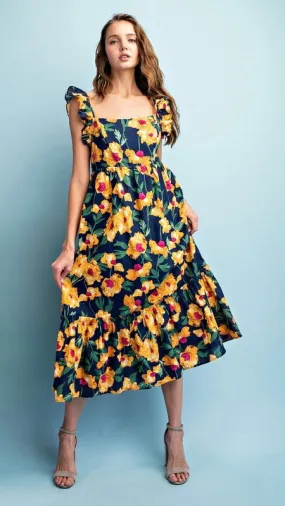 Bold Floral Square Neck Midi Dress