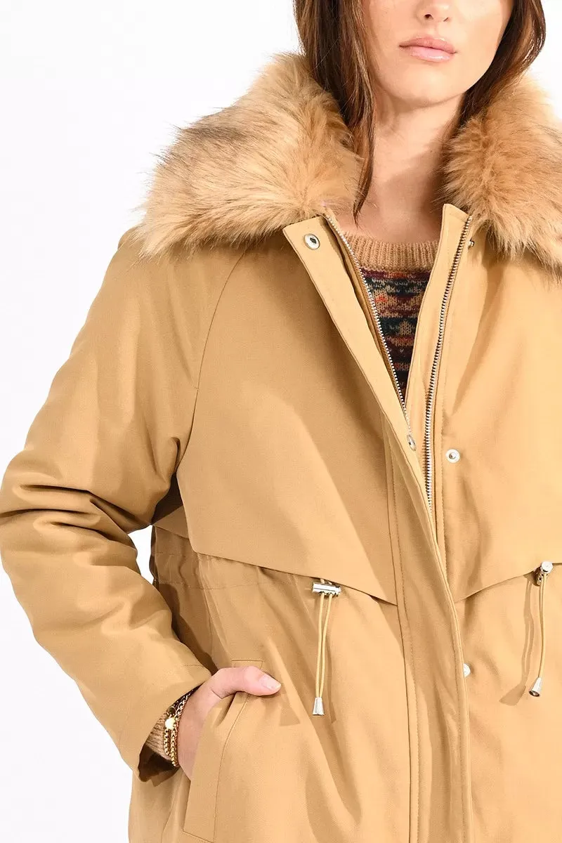 Camel Faux Fur Trim Parka