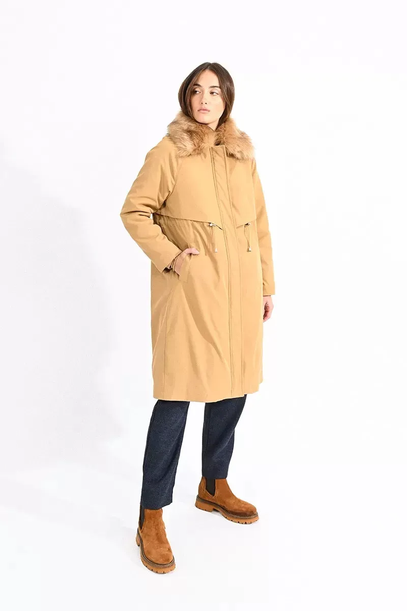 Camel Faux Fur Trim Parka