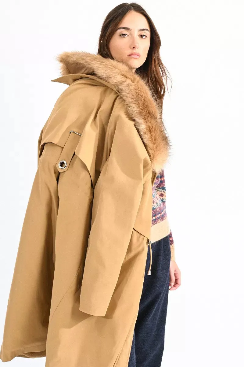 Camel Faux Fur Trim Parka