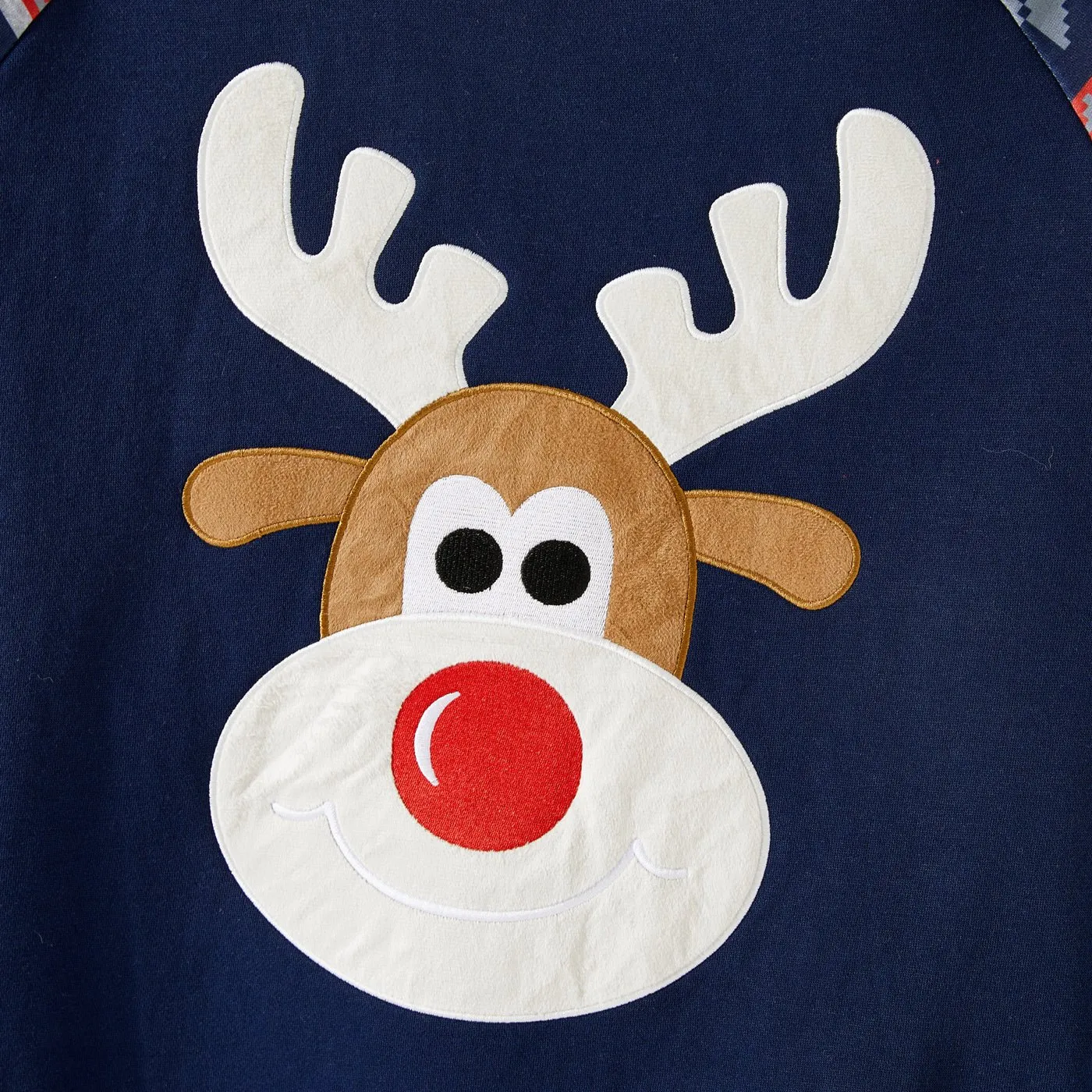 Christmas Family Matching Fleece Lined Raglan-sleeve Reindeer Embroidered Sweatshirts