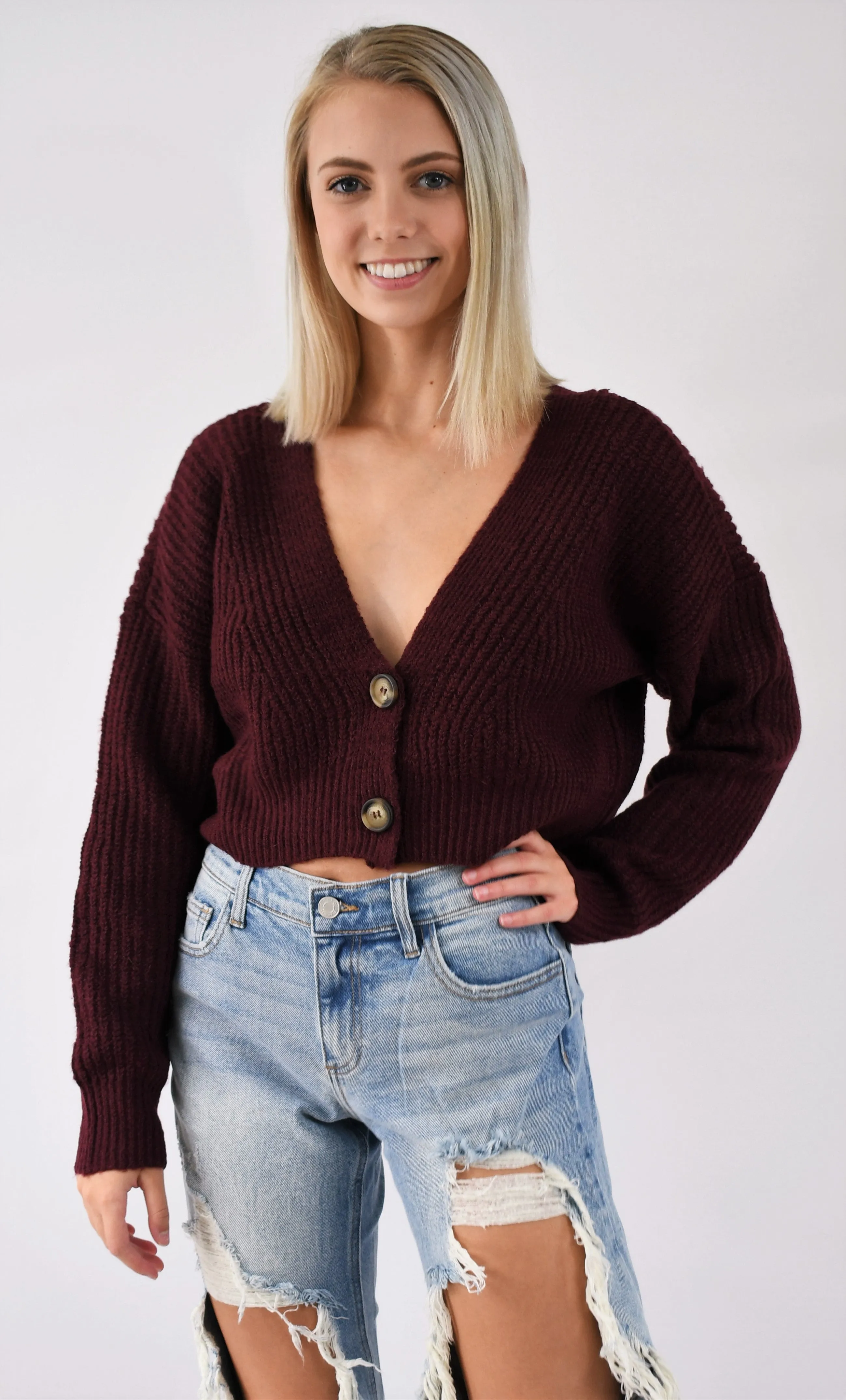 Crop V Neck Button Up Sweater