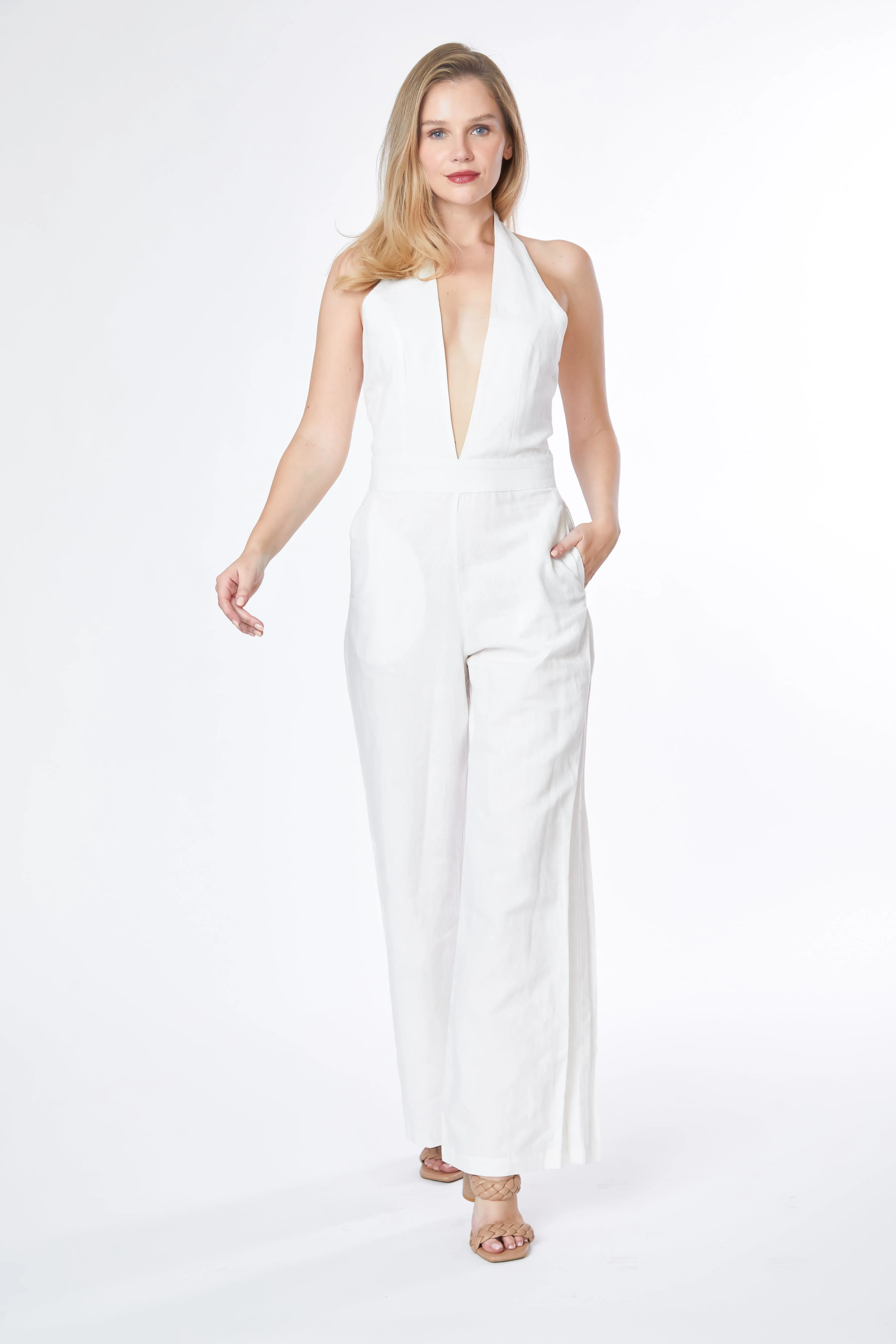 Deep Cut V Neck Flare Leg Jumpsuit
