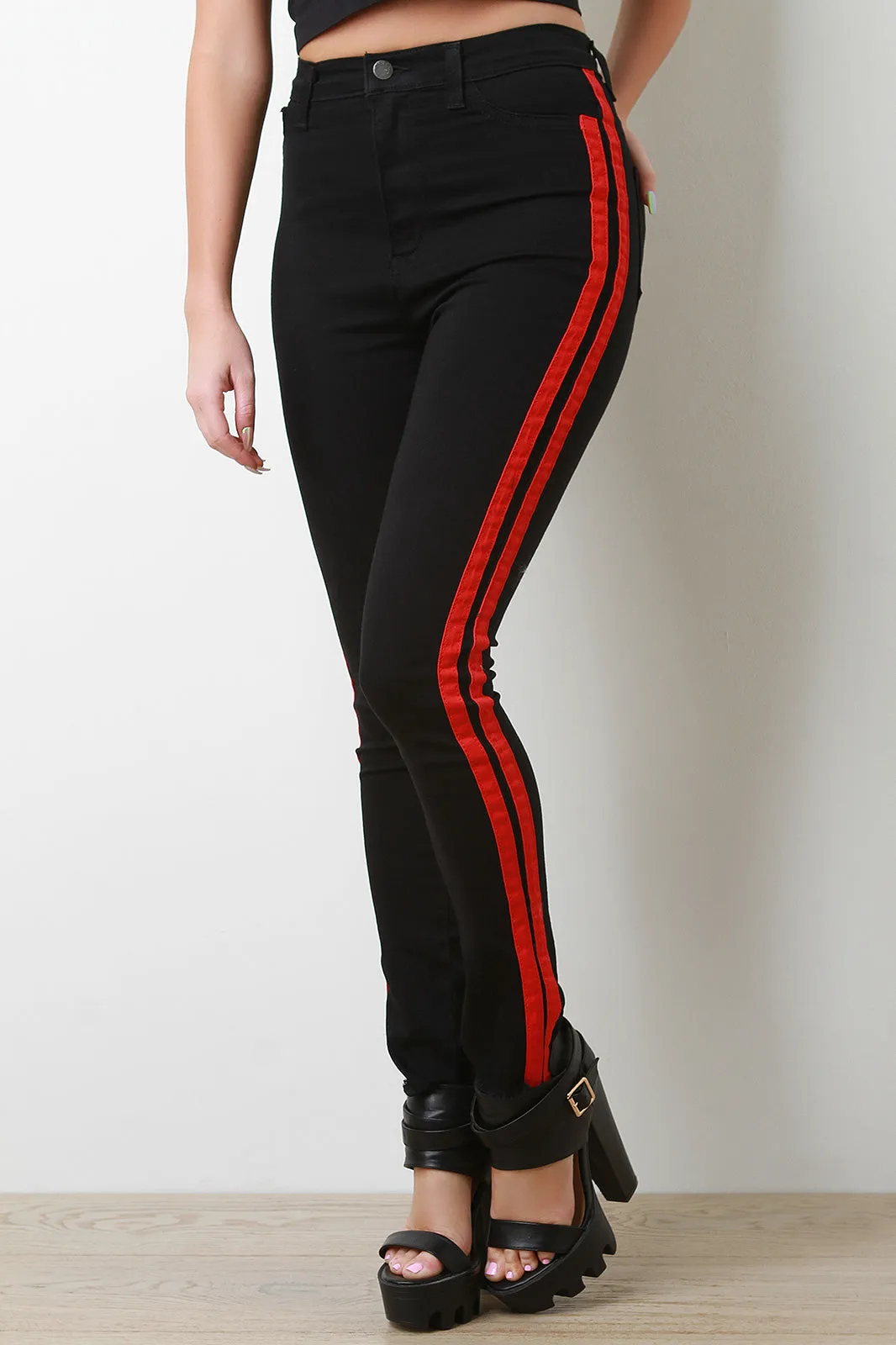 Double Striped High Waist Skinny Denim Jeans