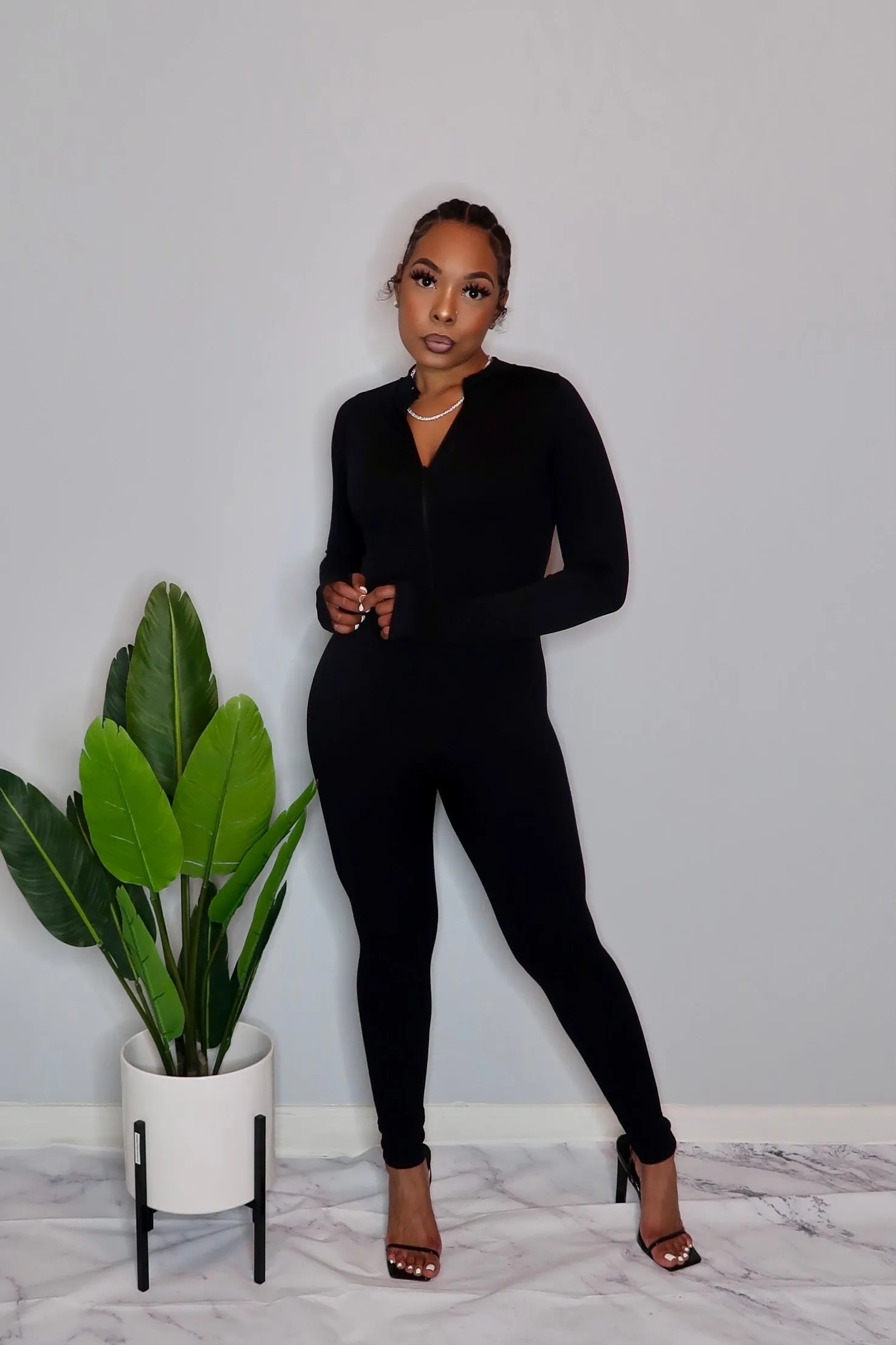 Essential Long Sleeve Jumpsuit-  Black