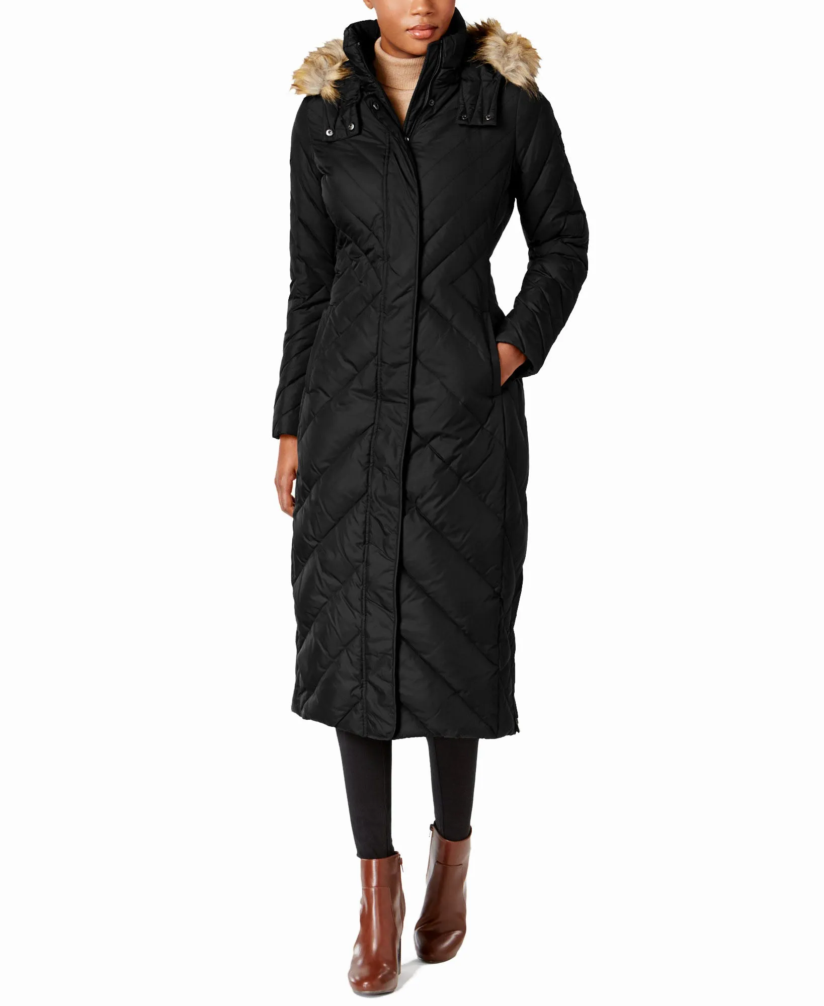 Faux-Fur-Trim Maxi Puffer Coat