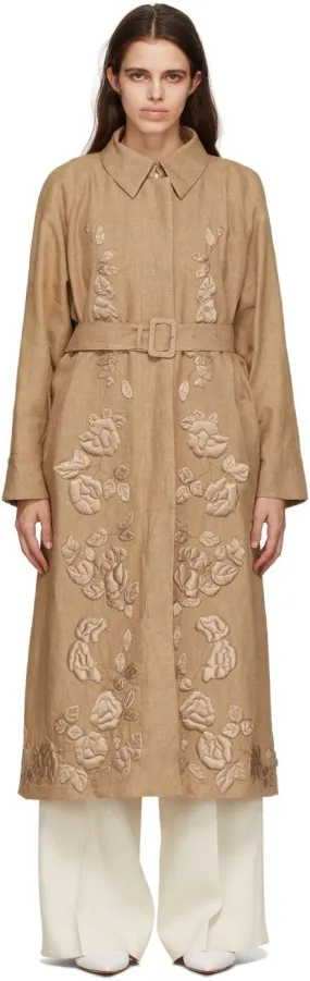 Fendi Brown Linen Floral Trench Coat
