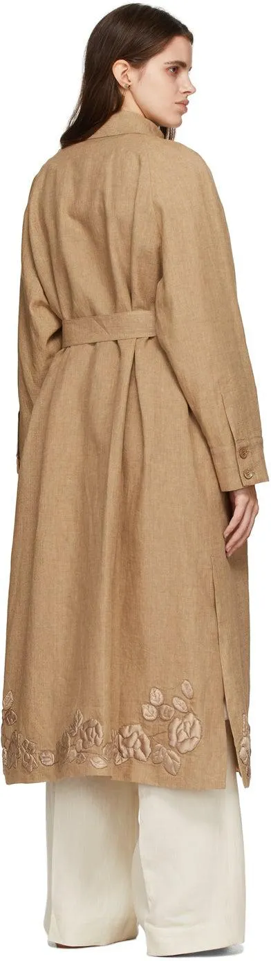 Fendi Brown Linen Floral Trench Coat