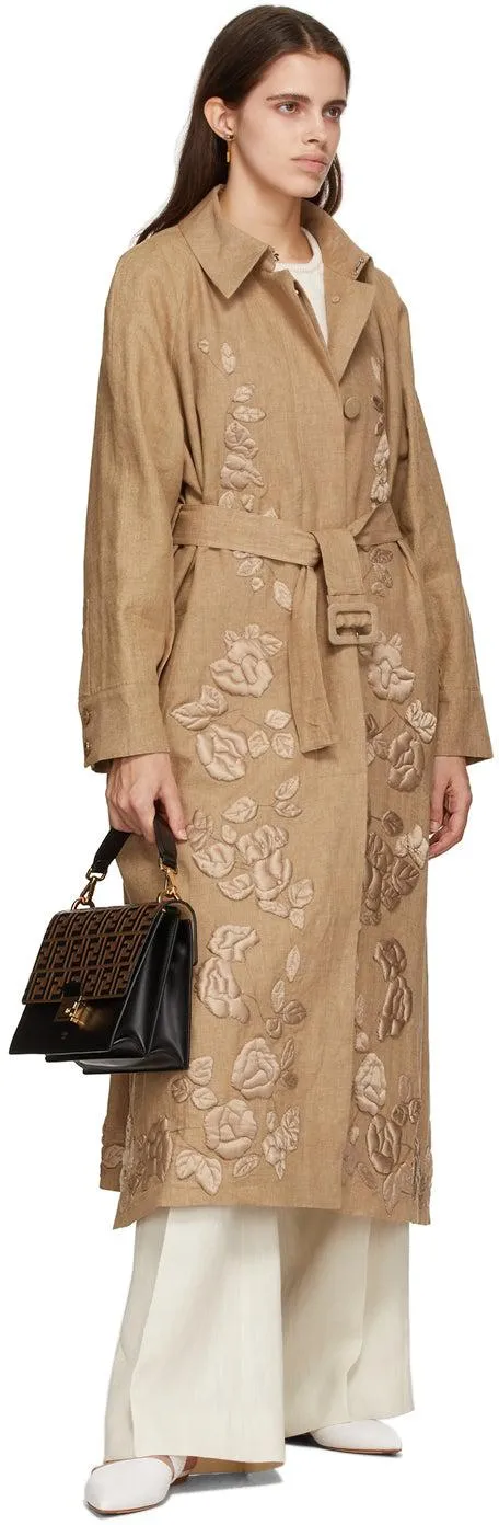 Fendi Brown Linen Floral Trench Coat