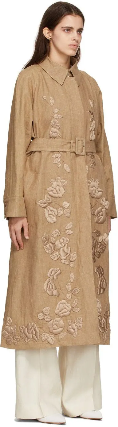 Fendi Brown Linen Floral Trench Coat