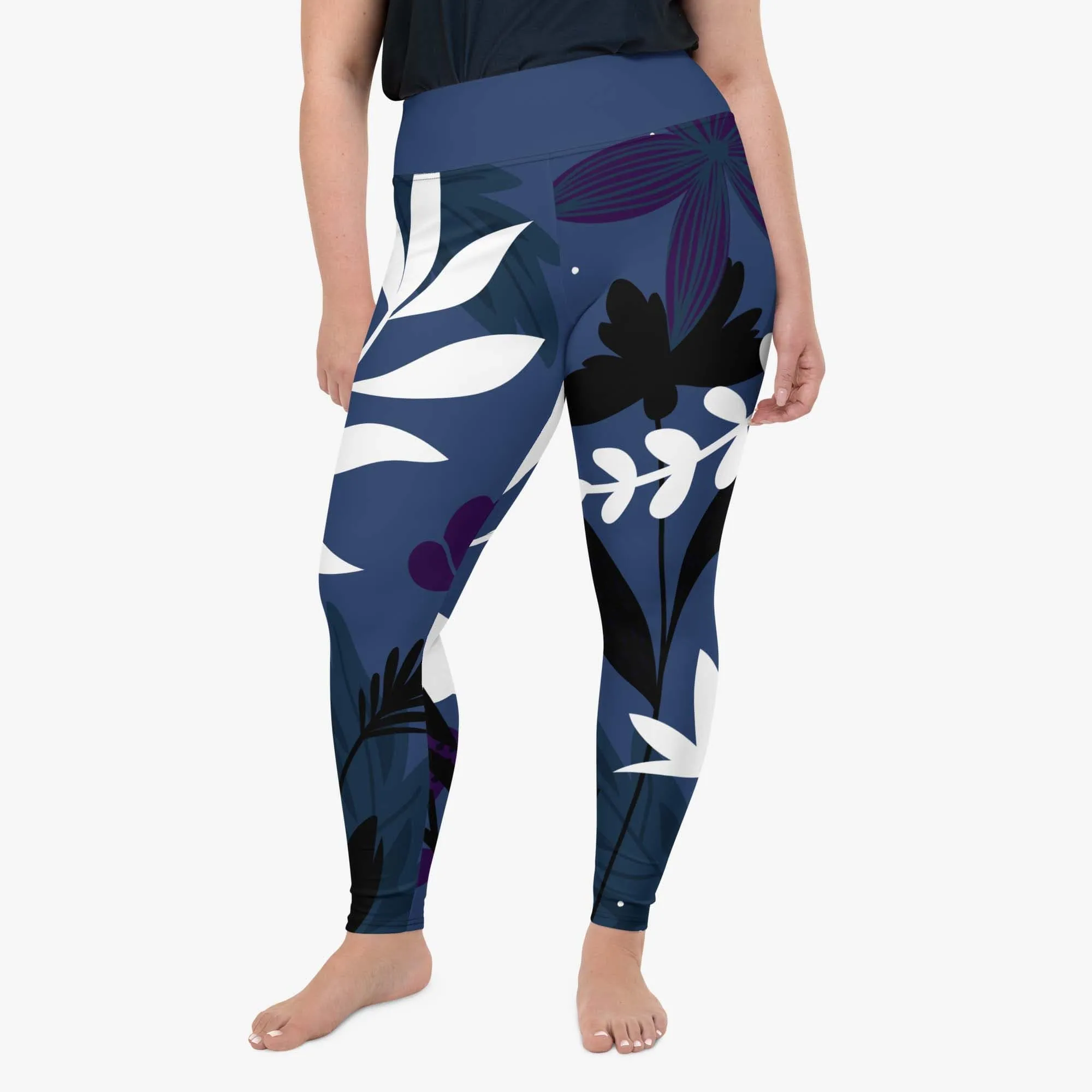 Floral Plus Size Leggings "Night Garden" Blue/White