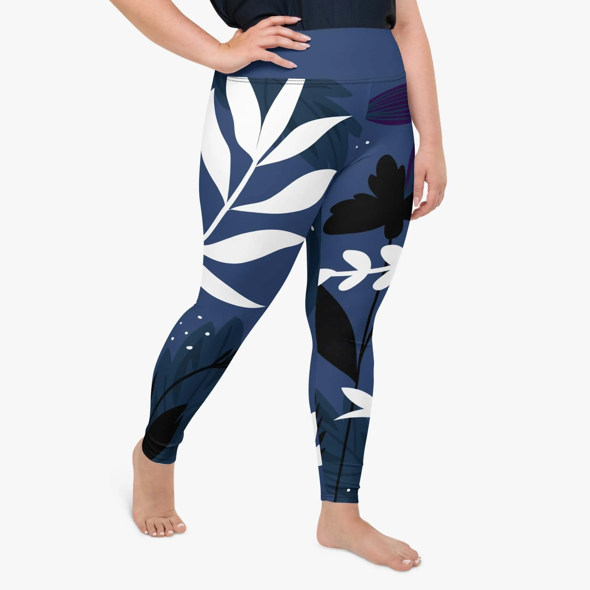 Floral Plus Size Leggings "Night Garden" Blue/White