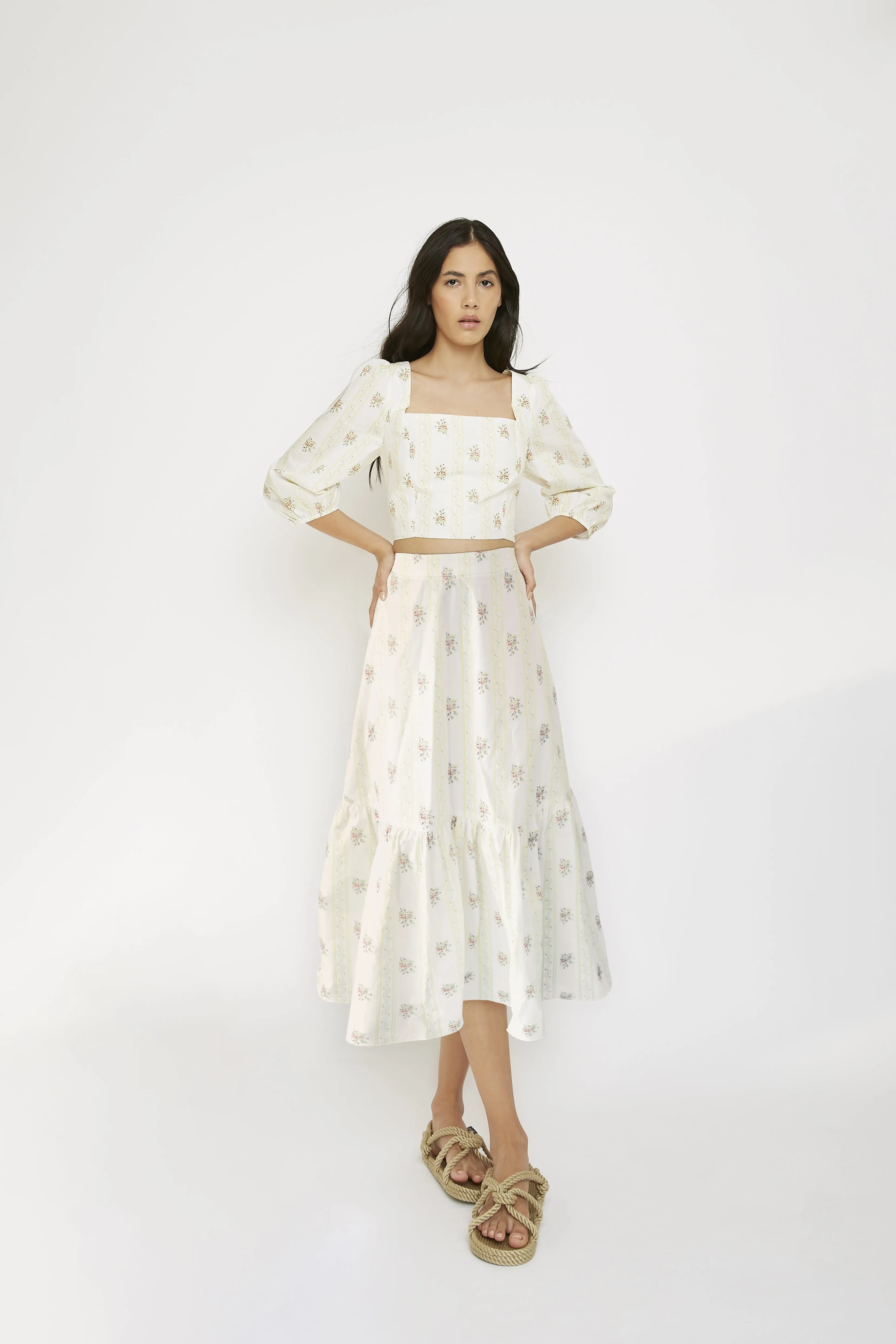 Glamorous Yellow Stripe Flower Ruffle Midi Skirt