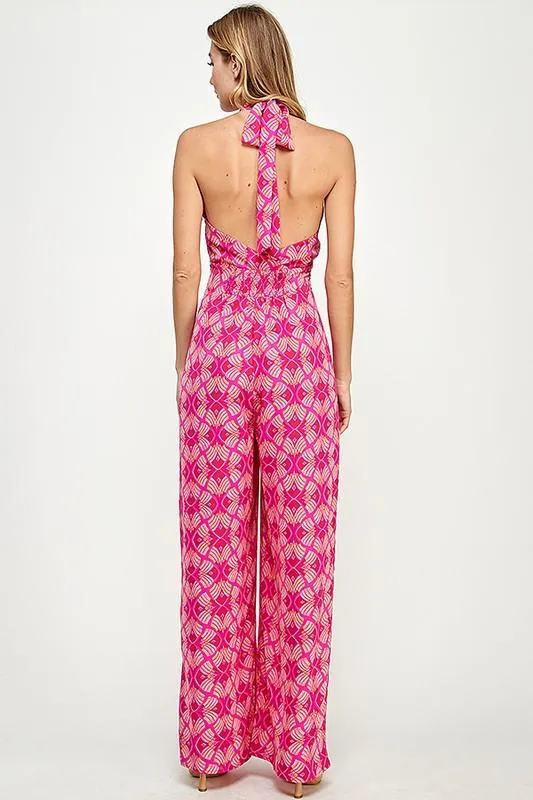 groovy printed tie back halter jumpsuit