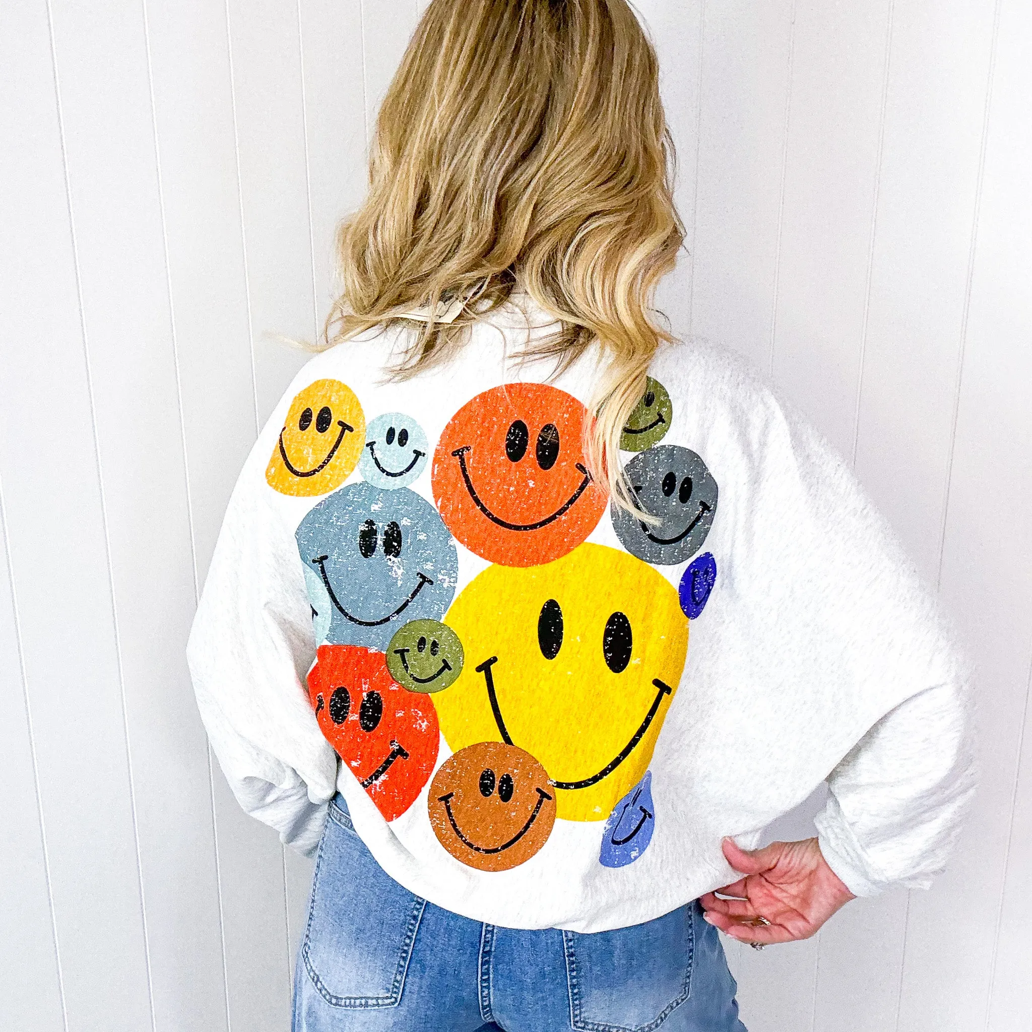 Happy Retro Mood Abstract Joy Long Sleeve Terry Pullover in 3 Colors