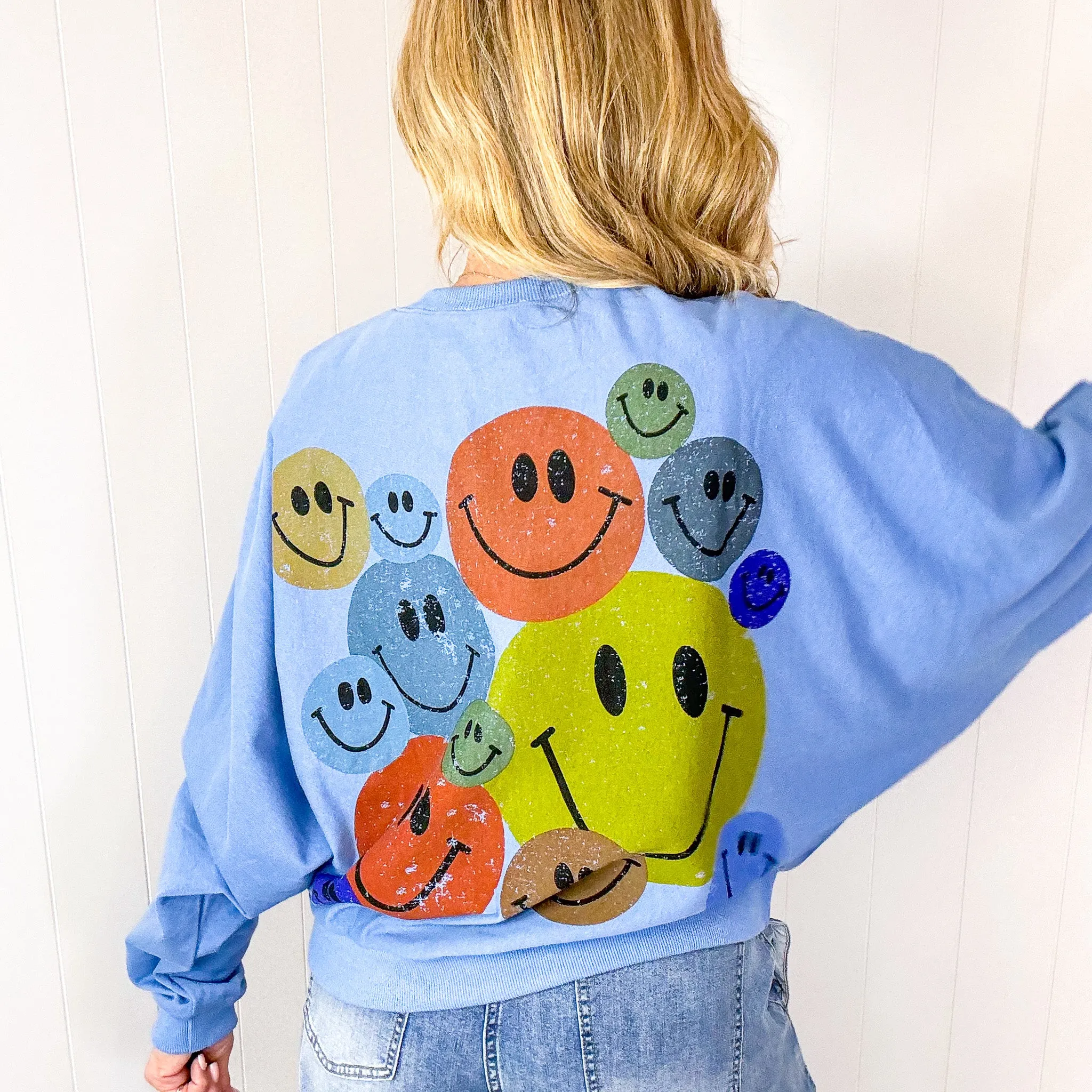 Happy Retro Mood Abstract Joy Long Sleeve Terry Pullover in 3 Colors