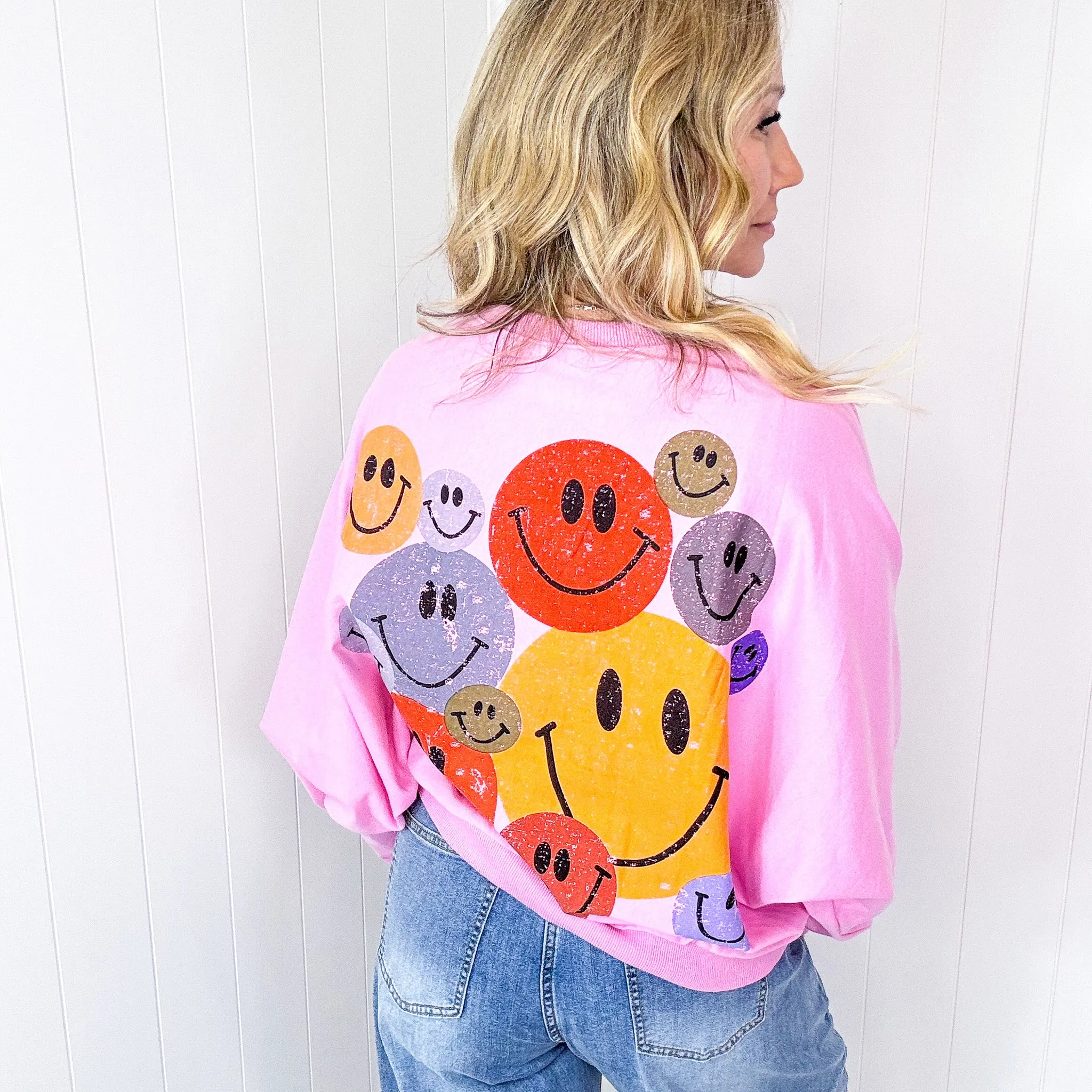 Happy Retro Mood Abstract Joy Long Sleeve Terry Pullover in 3 Colors