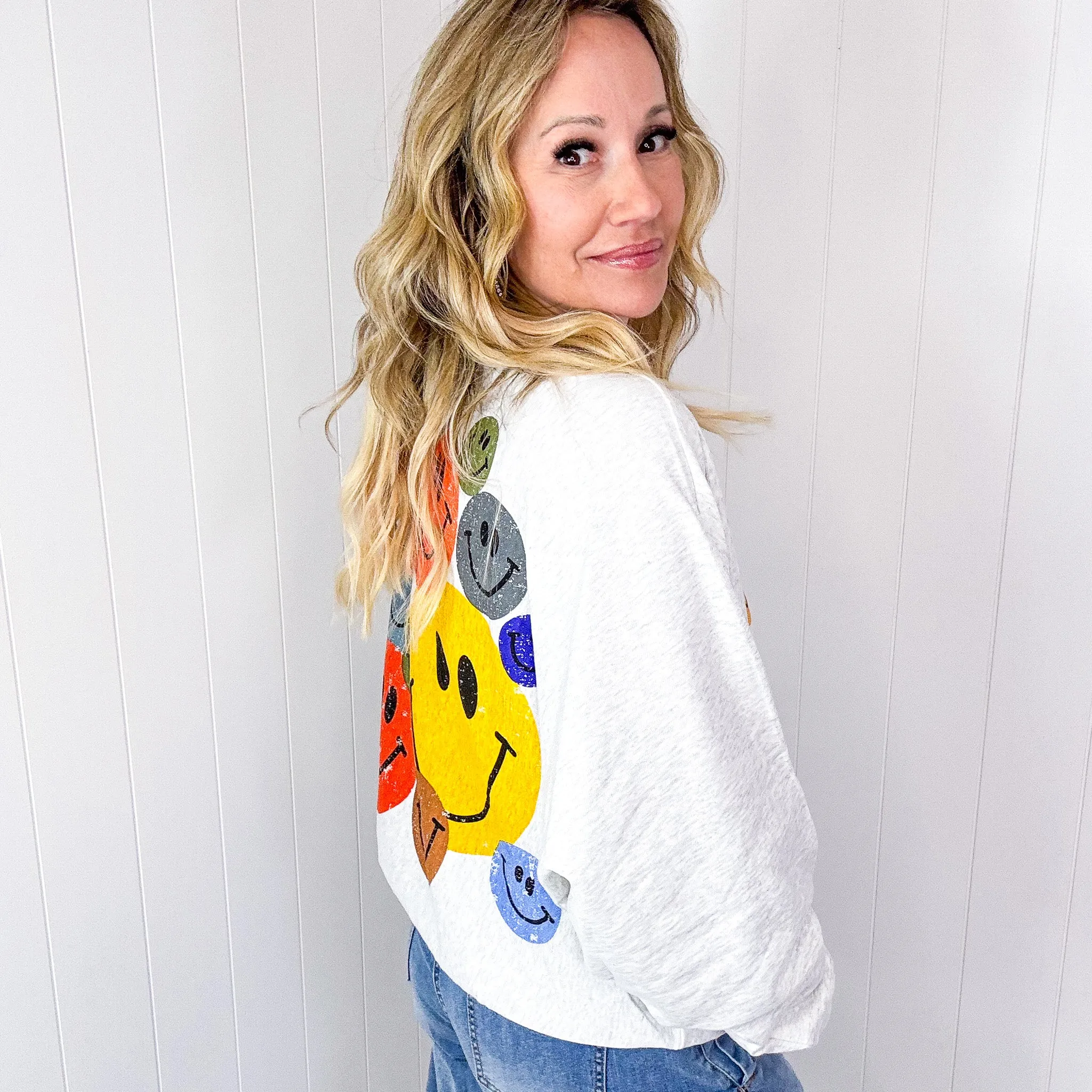 Happy Retro Mood Abstract Joy Long Sleeve Terry Pullover in 3 Colors