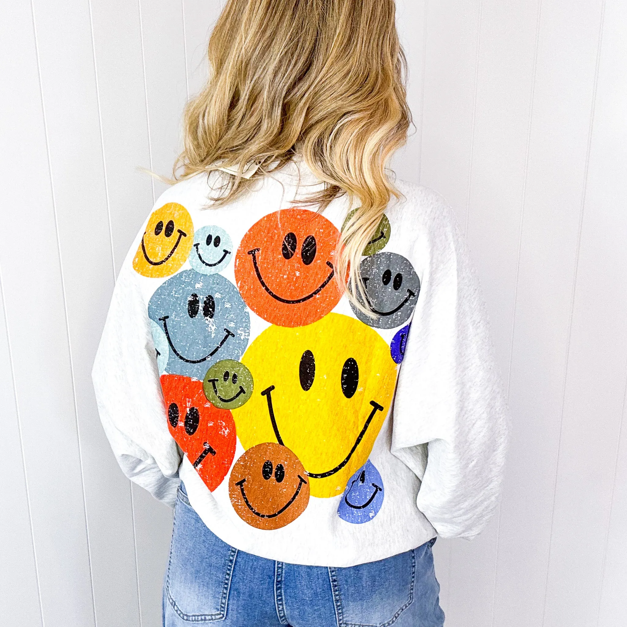 Happy Retro Mood Abstract Joy Long Sleeve Terry Pullover in 3 Colors