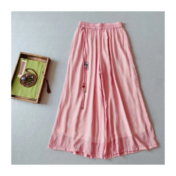 High Rise Floral Embroidered Wide Leg Pants