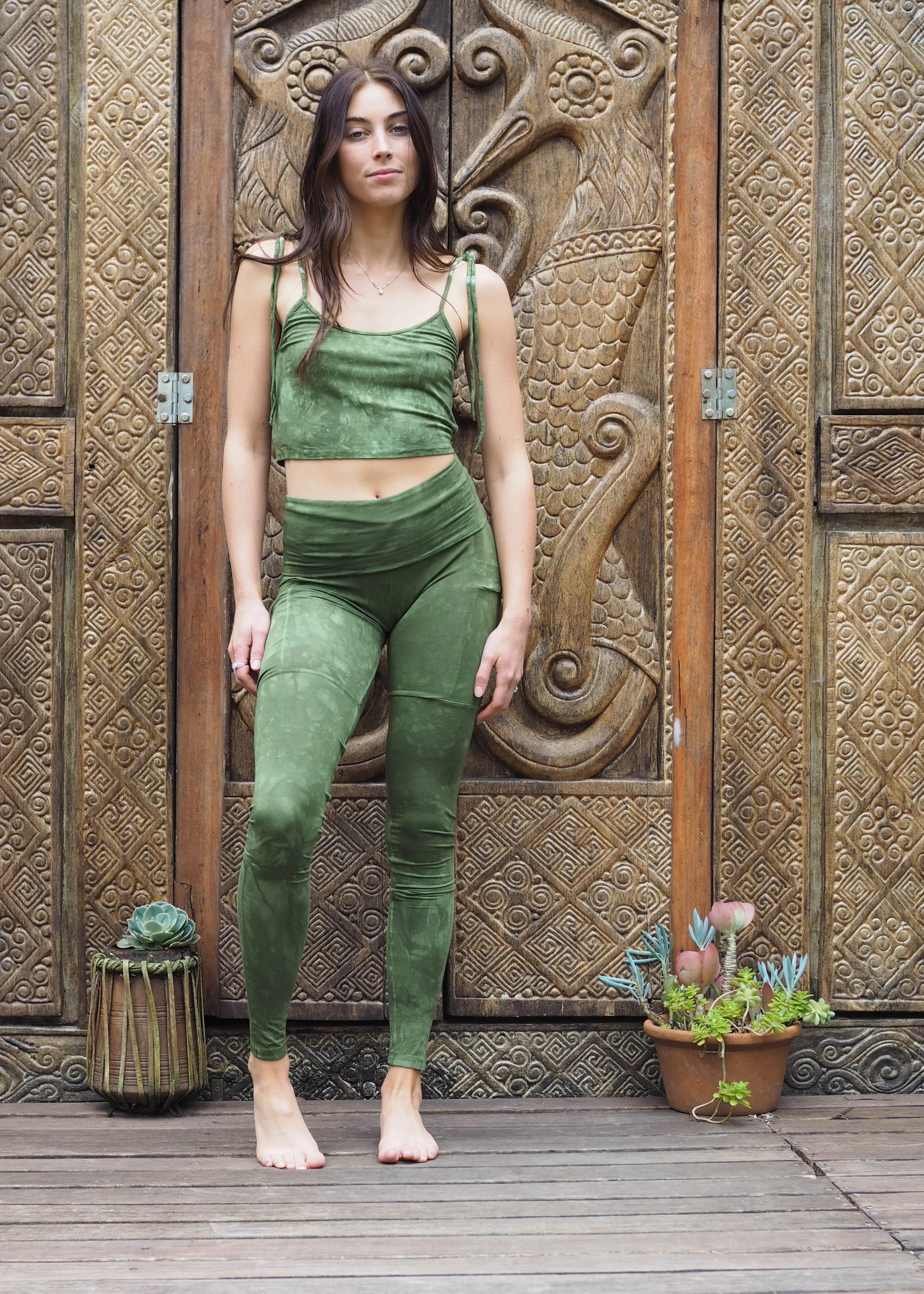 High Waist Pocket Yoga Tights and Crop- Algae Green