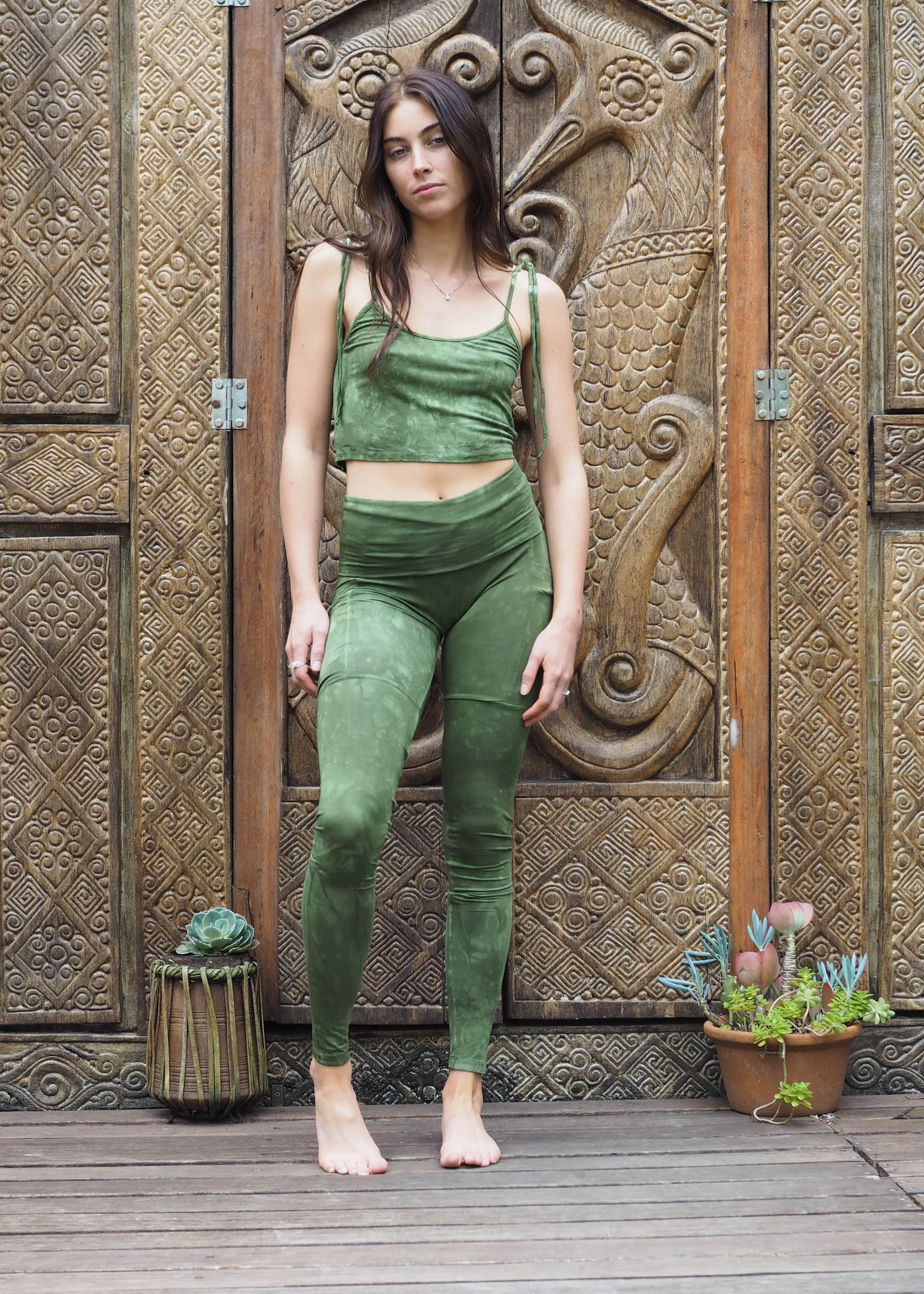 High Waist Pocket Yoga Tights and Crop- Algae Green