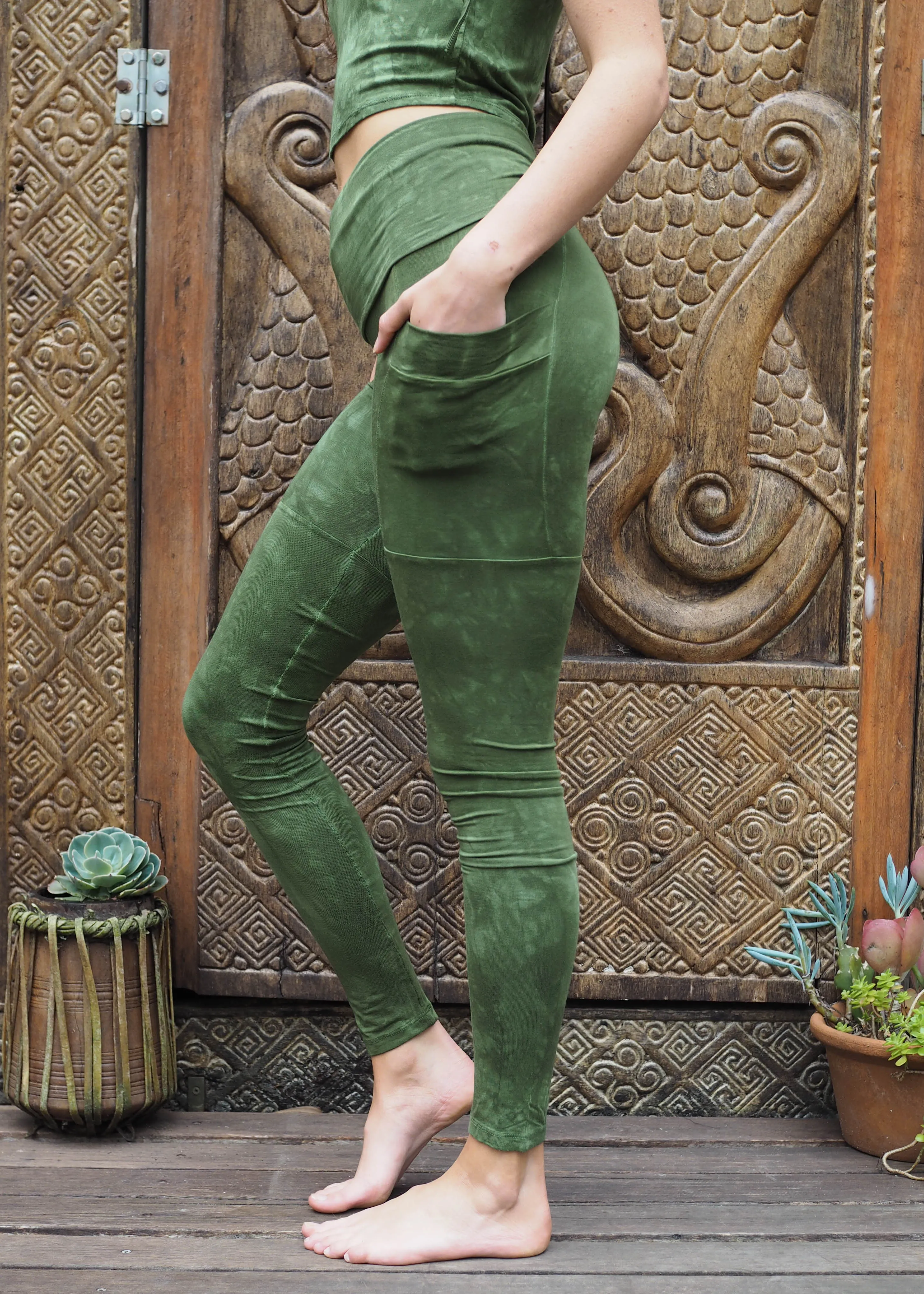 High Waist Pocket Yoga Tights and Crop- Algae Green
