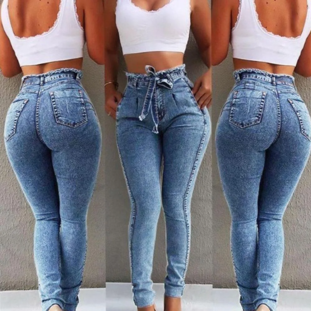 High Waist Strap Belt Denim Skinny Bodycon Pants