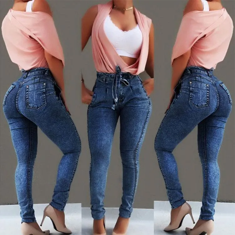 High Waist Strap Belt Denim Skinny Bodycon Pants