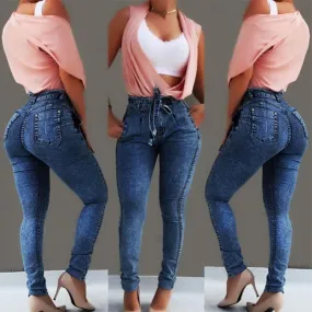 High Waist Strap Belt Denim Skinny Bodycon Pants