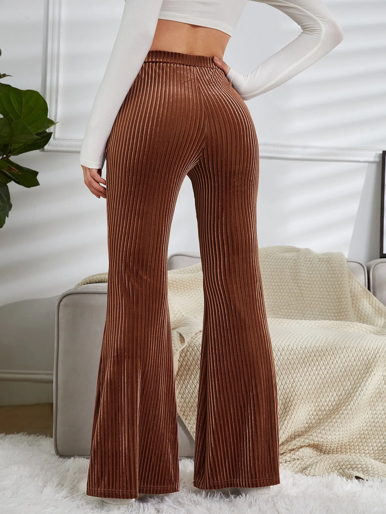 High Waist Velvet Pants with Flare Leg