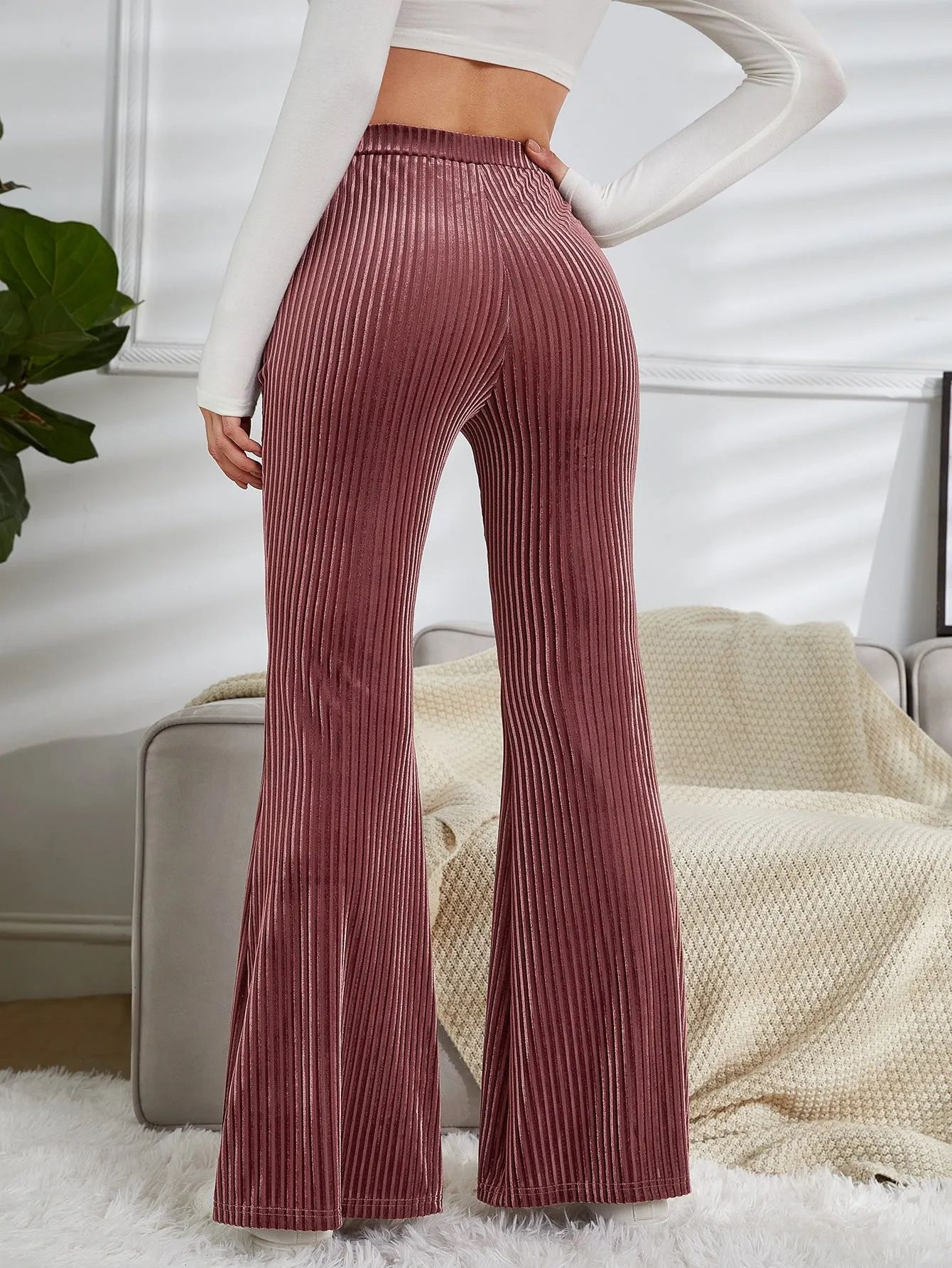 High Waist Velvet Pants with Flare Leg