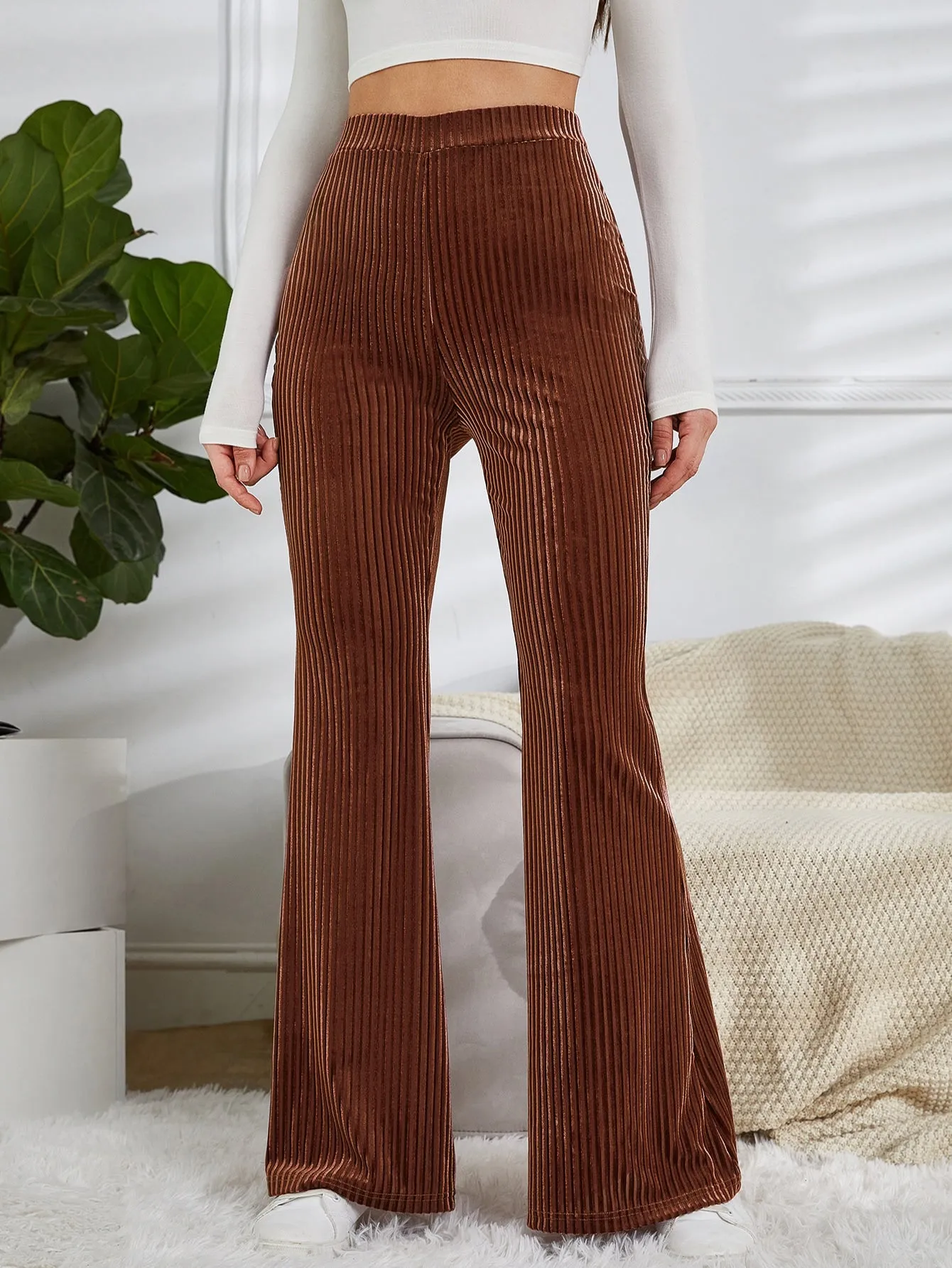 High Waist Velvet Pants with Flare Leg