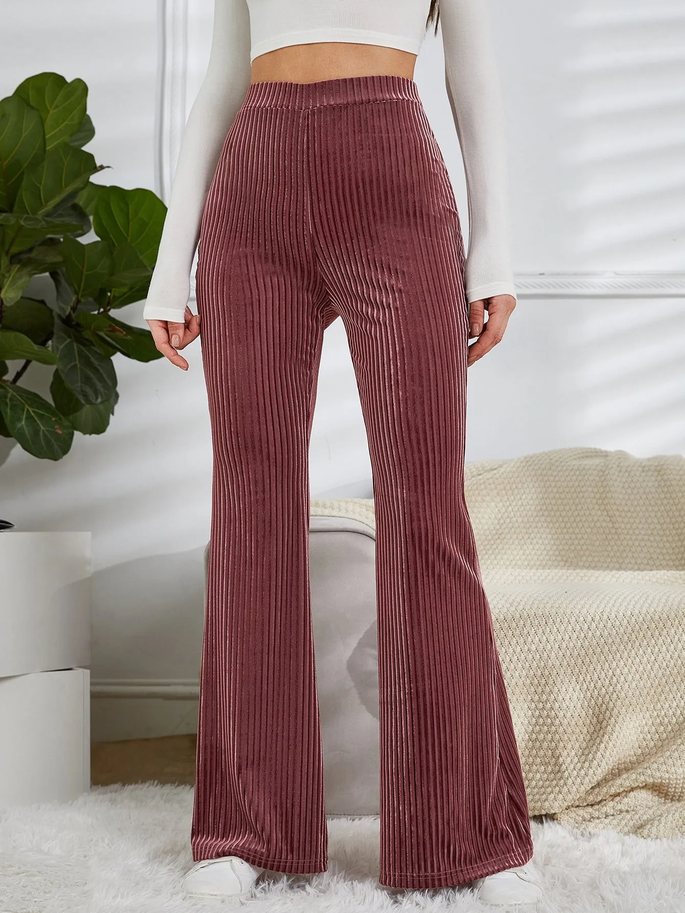 High Waist Velvet Pants with Flare Leg