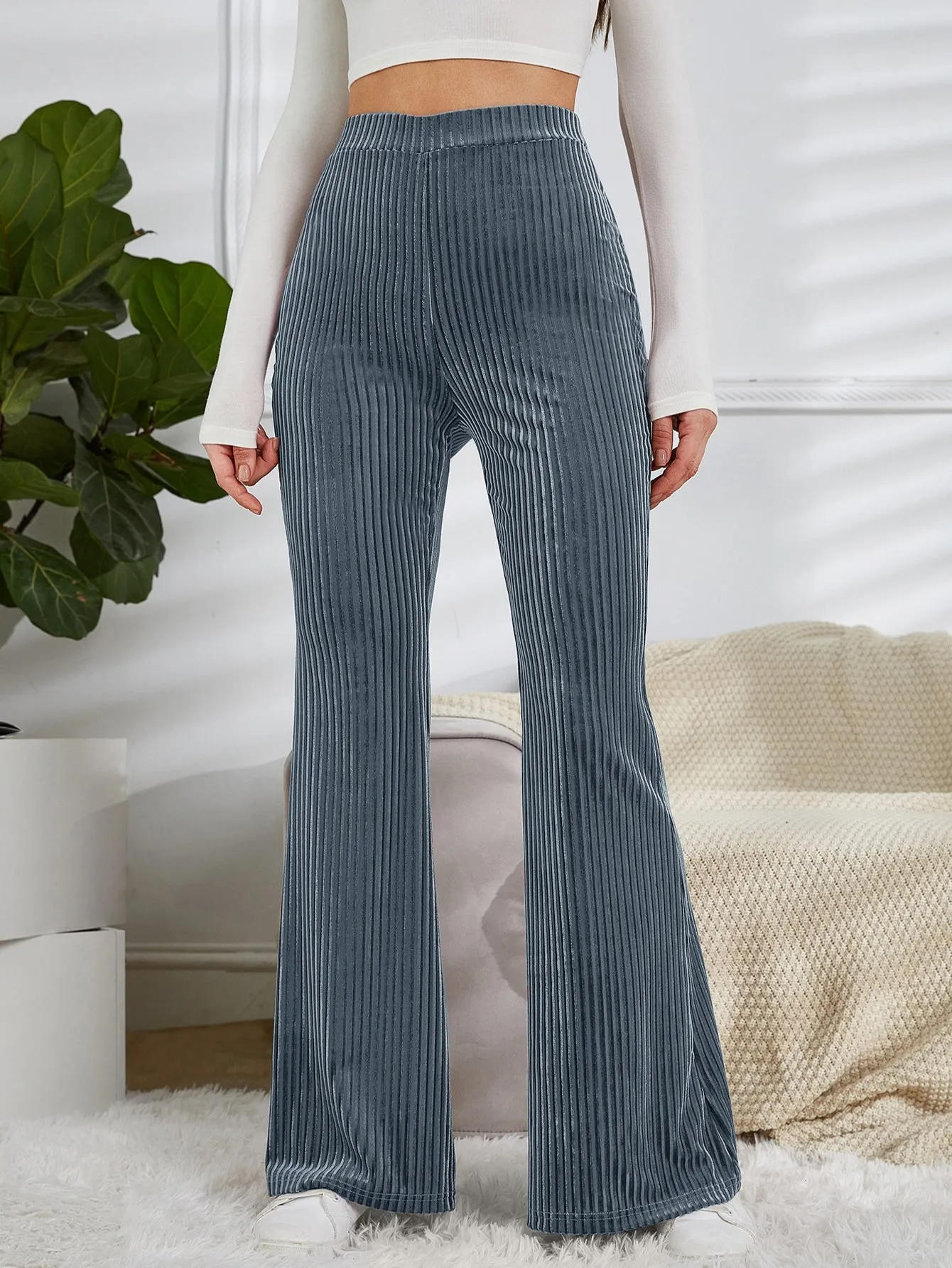 High Waist Velvet Pants with Flare Leg
