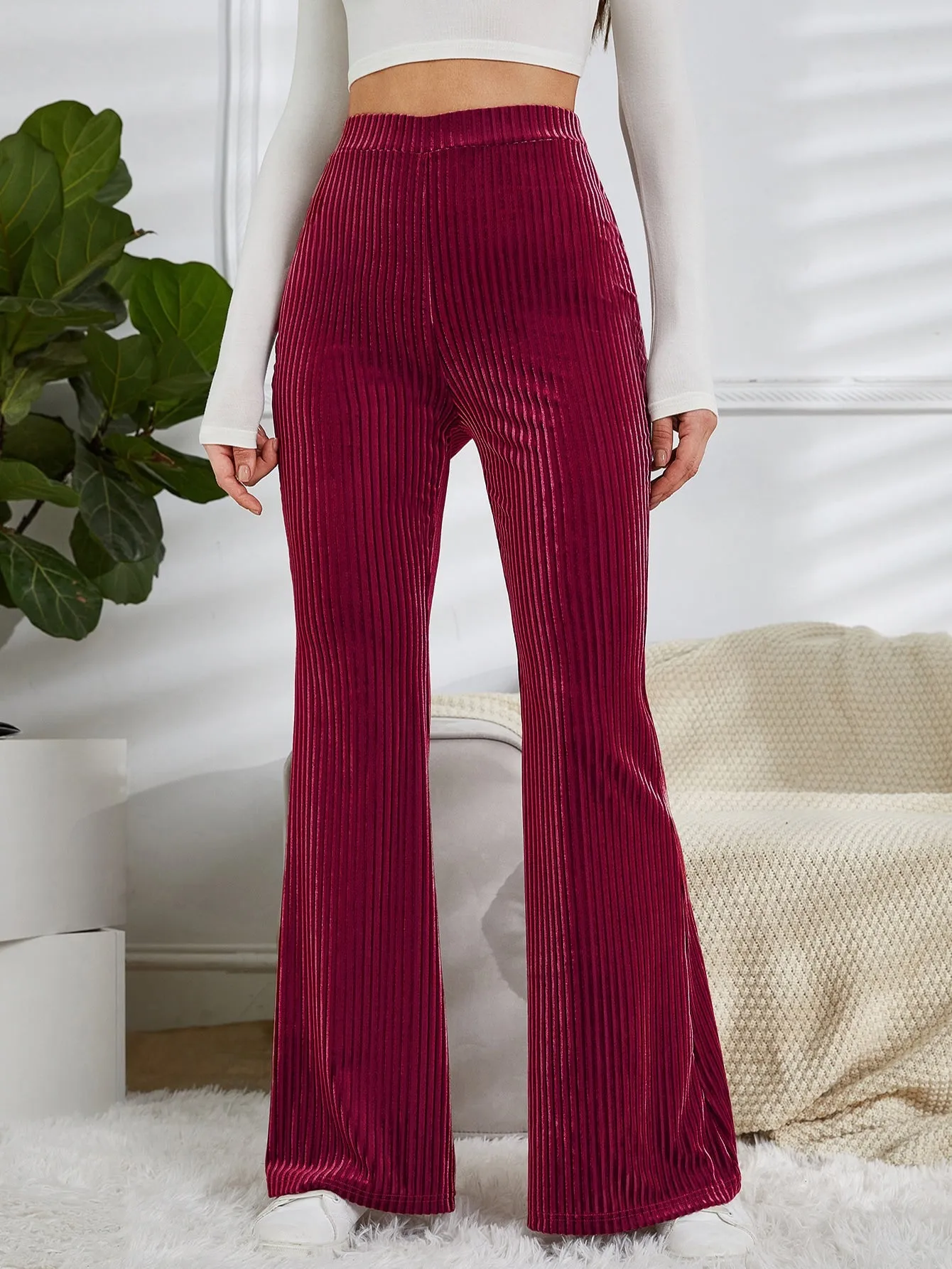 High Waist Velvet Pants with Flare Leg