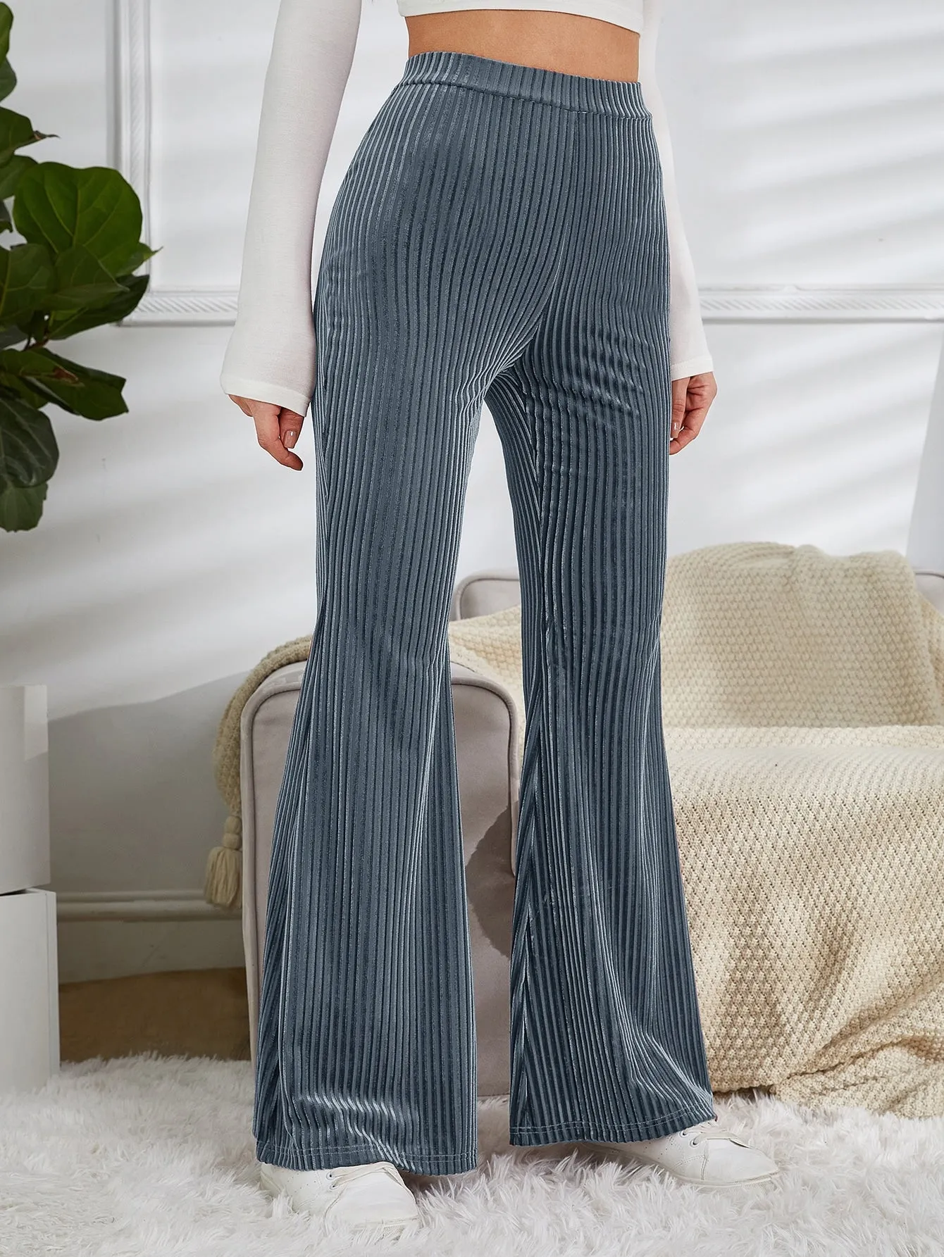 High Waist Velvet Pants with Flare Leg
