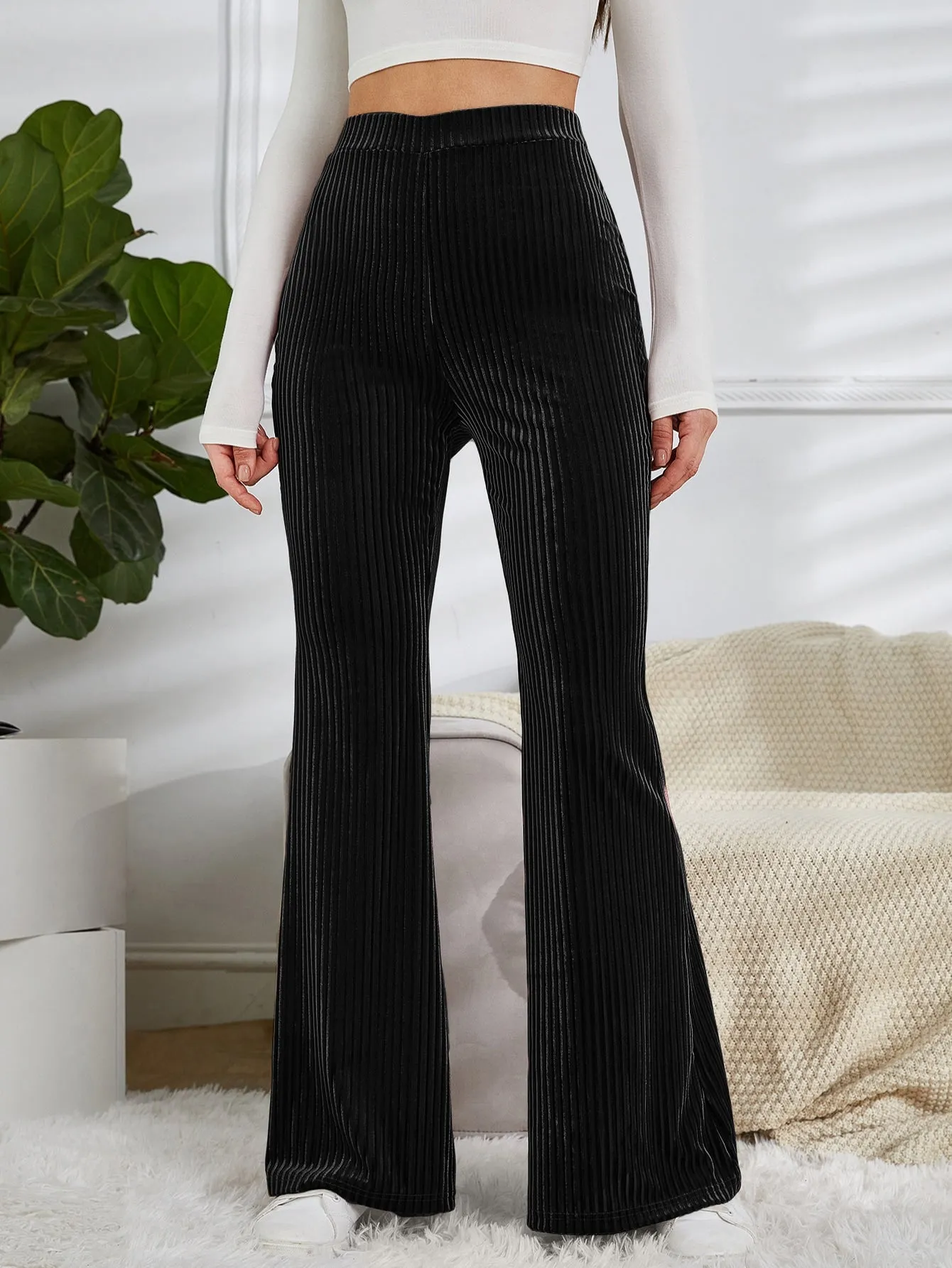 High Waist Velvet Pants with Flare Leg