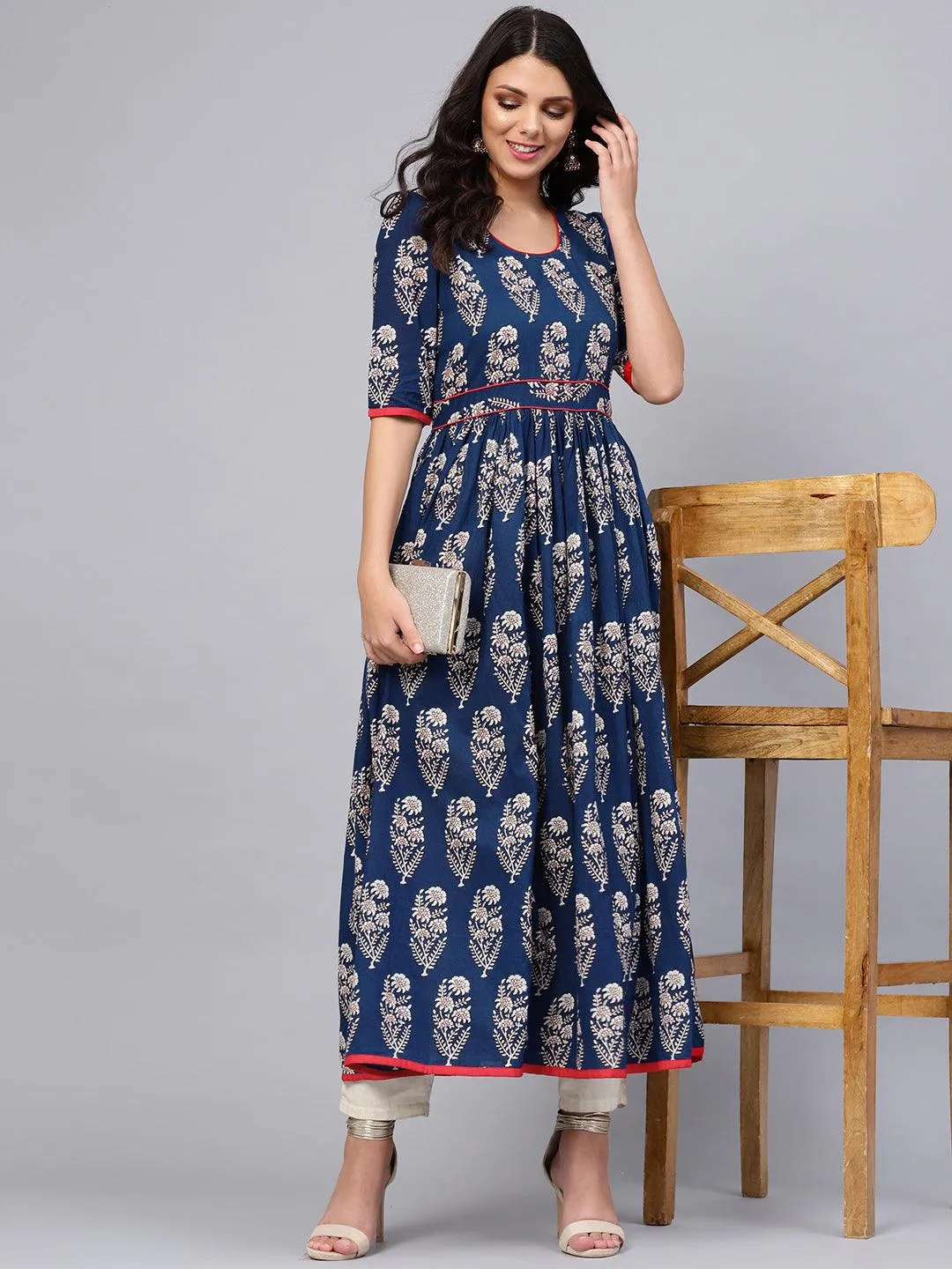 Jashvi Royal Blue Printed Floor Length Anarkali