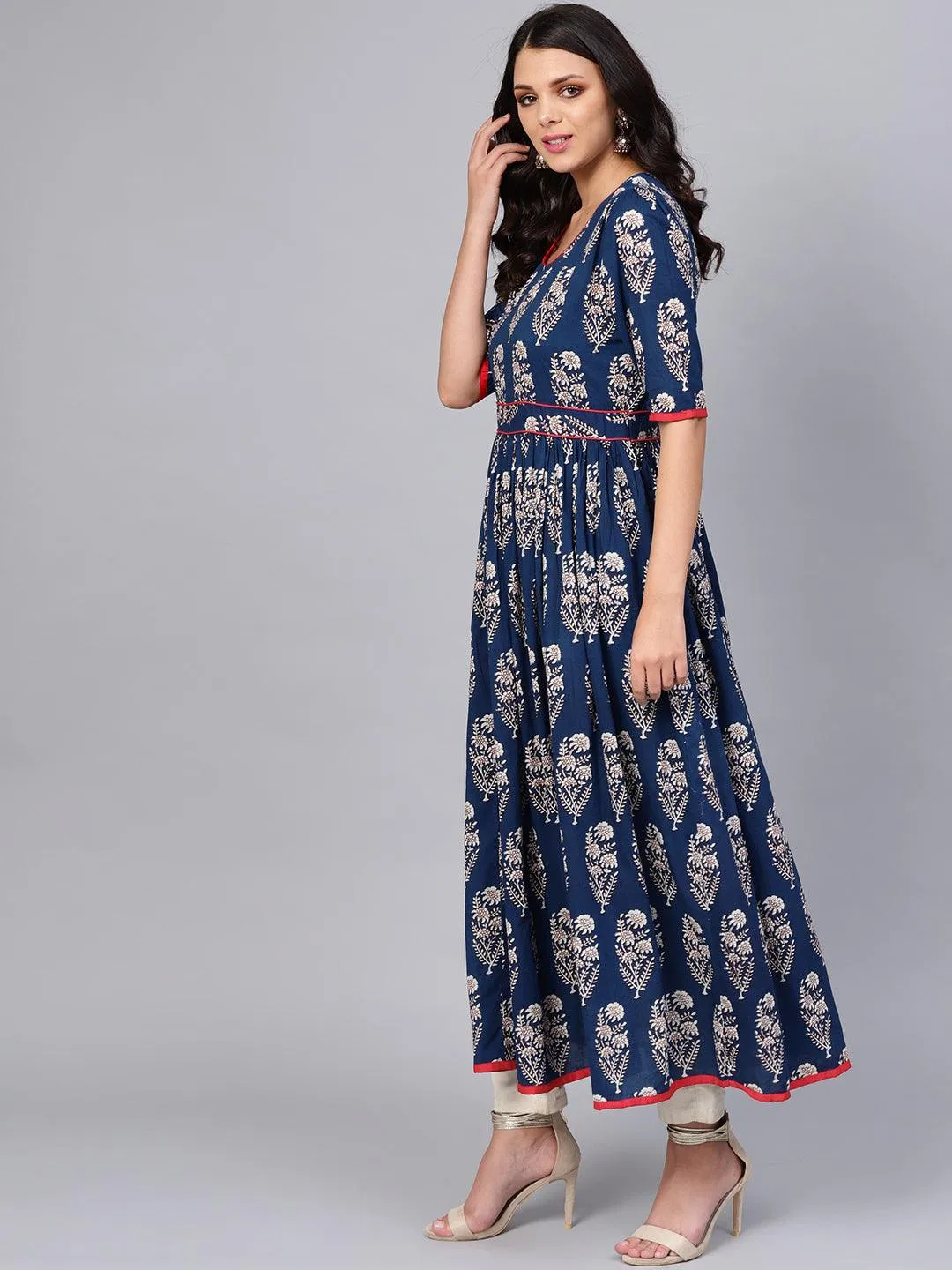 Jashvi Royal Blue Printed Floor Length Anarkali