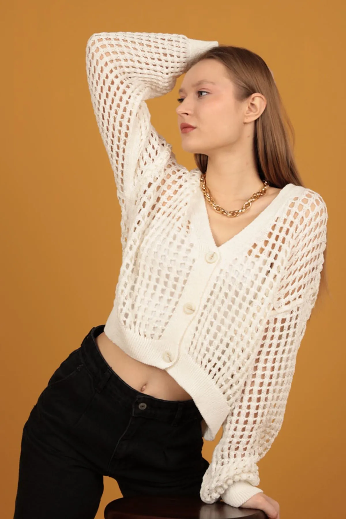 KKT Button Detail Women's Knitwear Cardigan-Ecru - Cleveland
