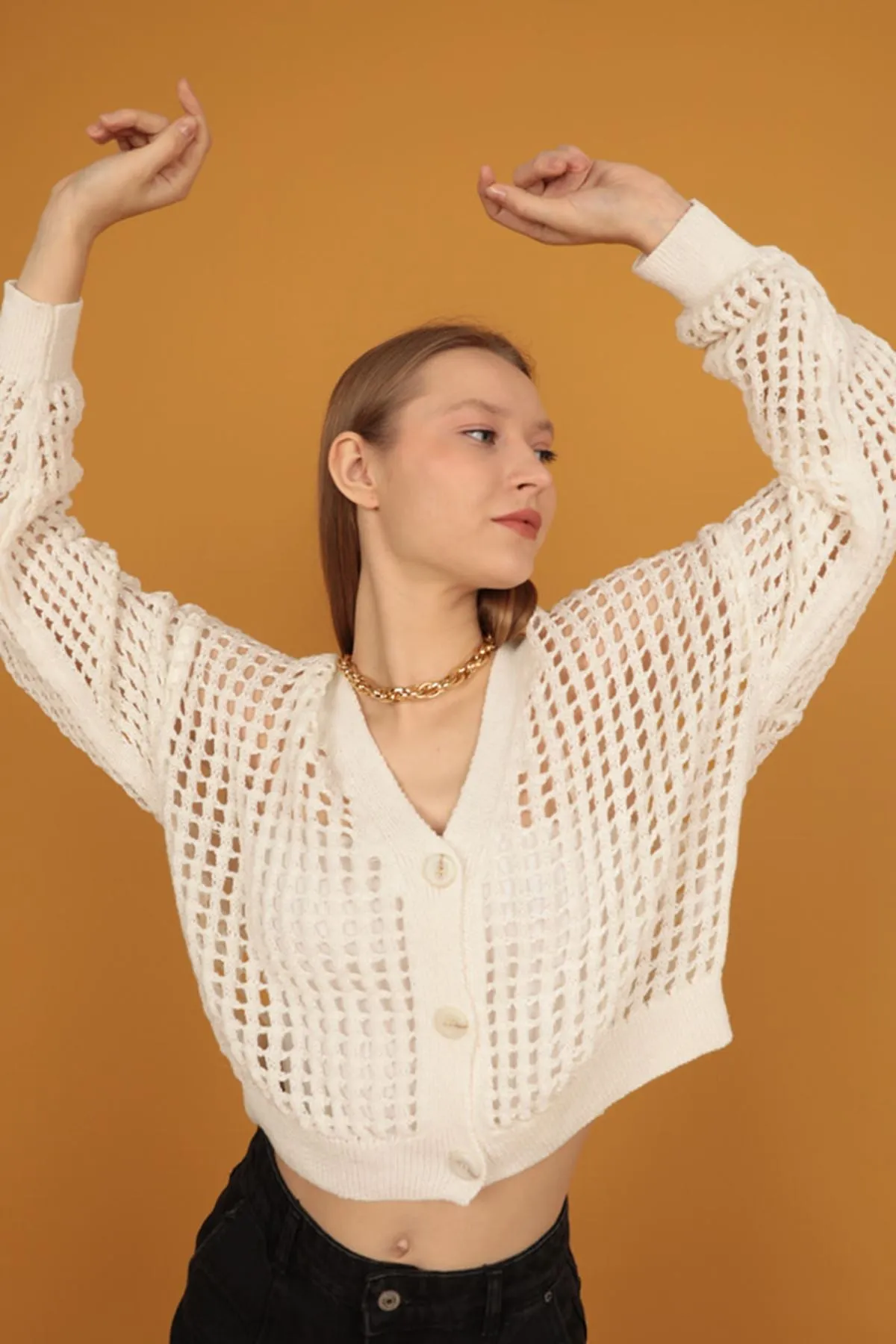 KKT Button Detail Women's Knitwear Cardigan-Ecru - Cleveland
