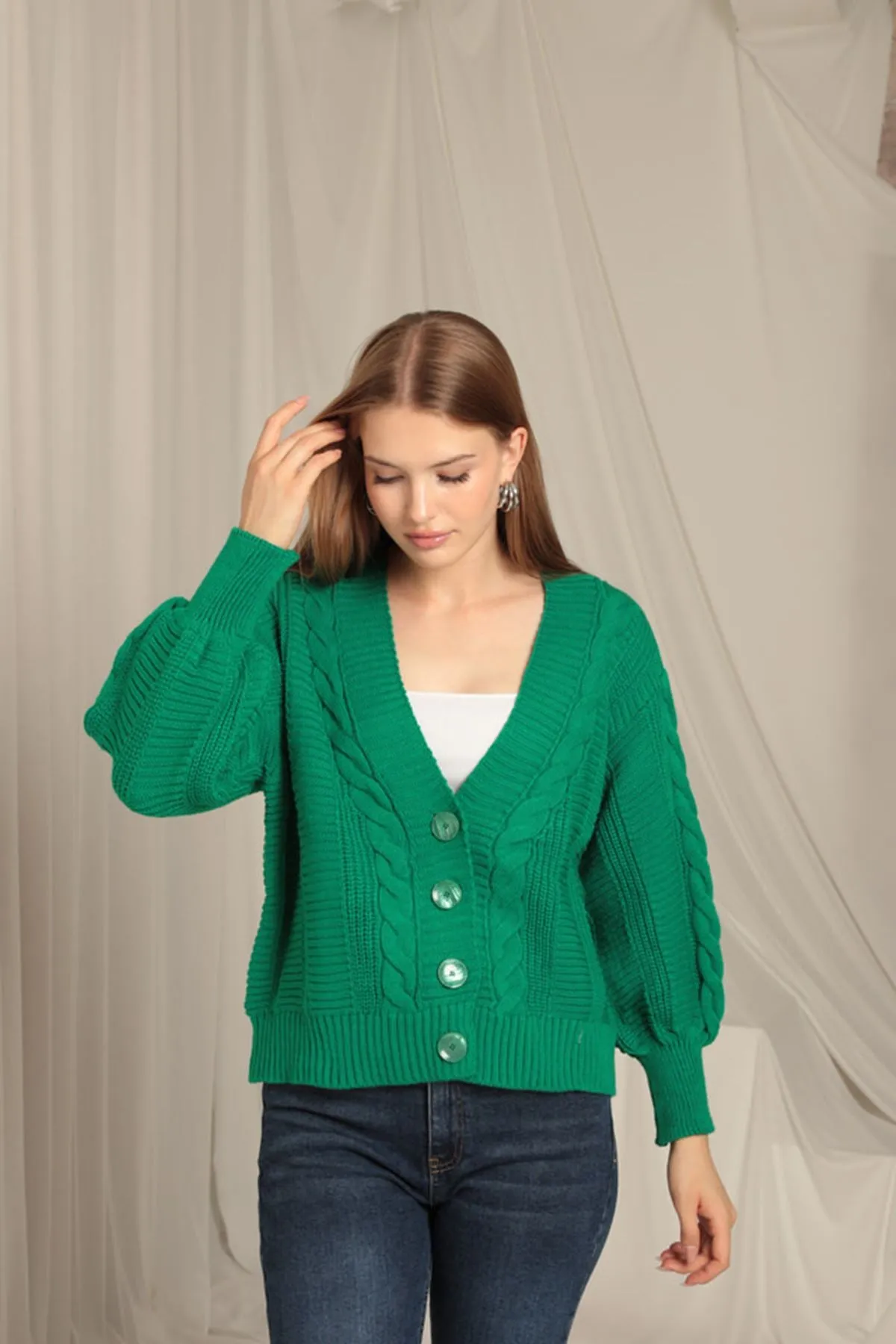 KKT Knitwear Fabric Knit Detailed Women's Green Cardigan - Brookhaven
